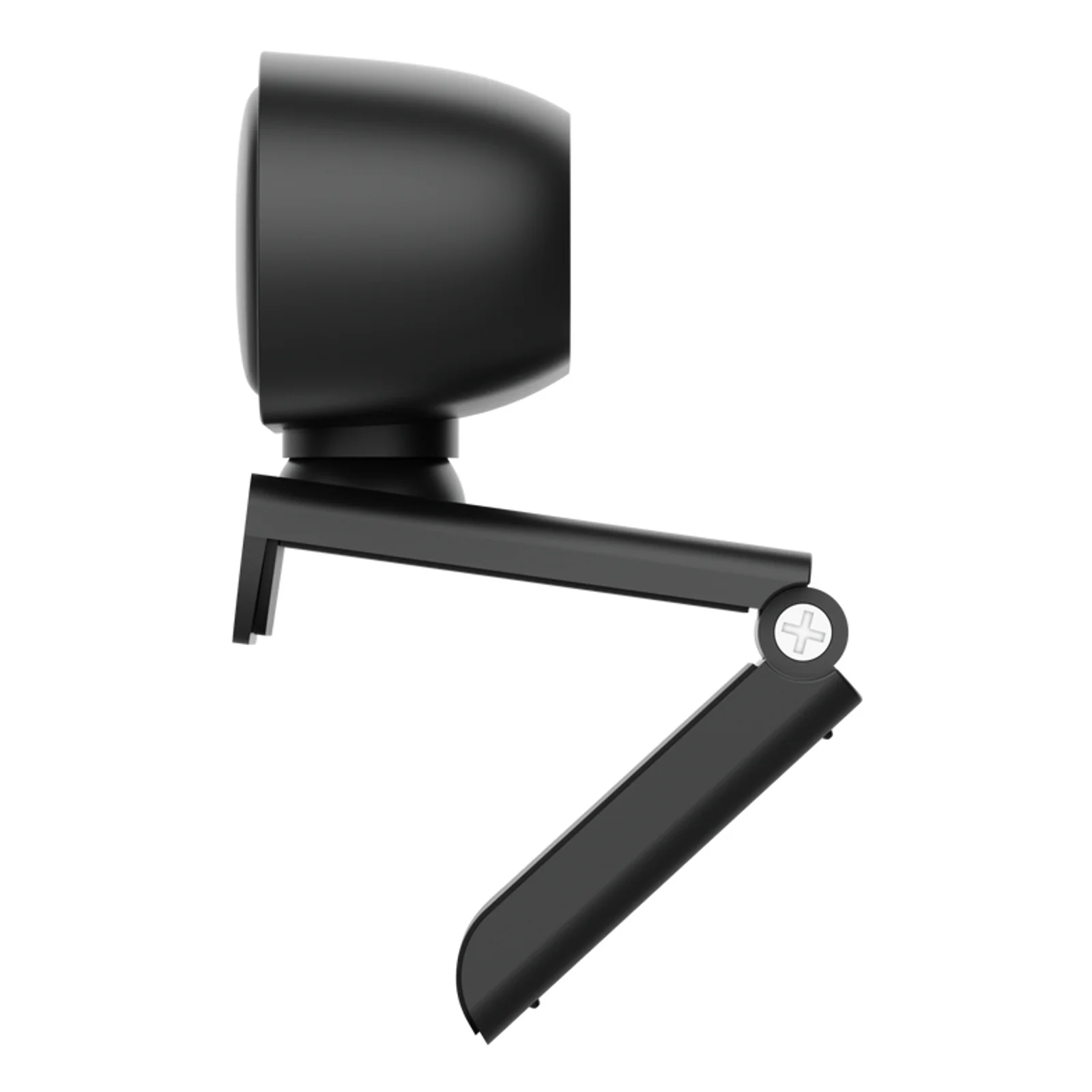 Trust Tomar webcam noire, vue de profil, clip de fixation articulé avec charnière en plastique