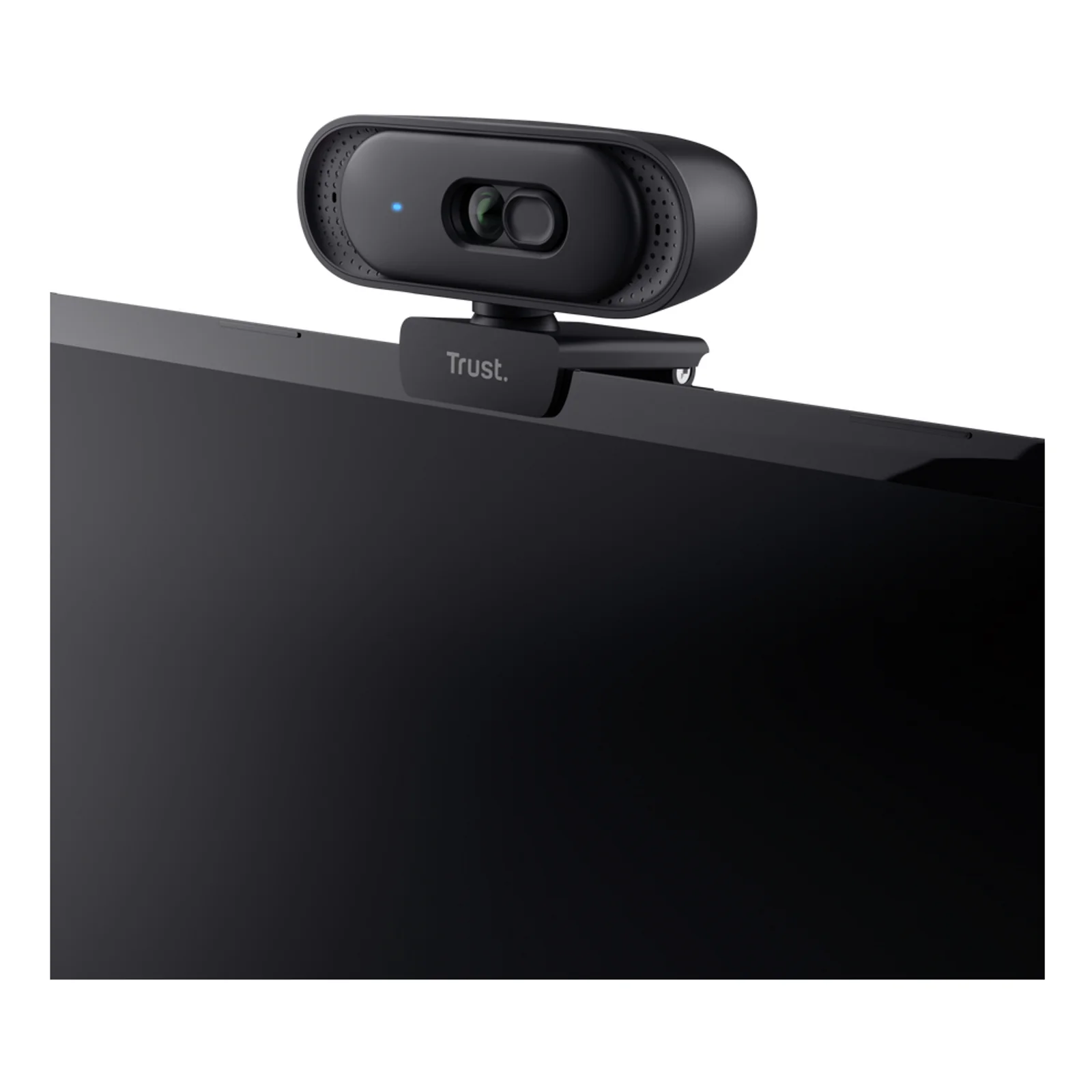 Trust Tomar webcam noire clipsée en haut d'un moniteur plat noir, vue de face