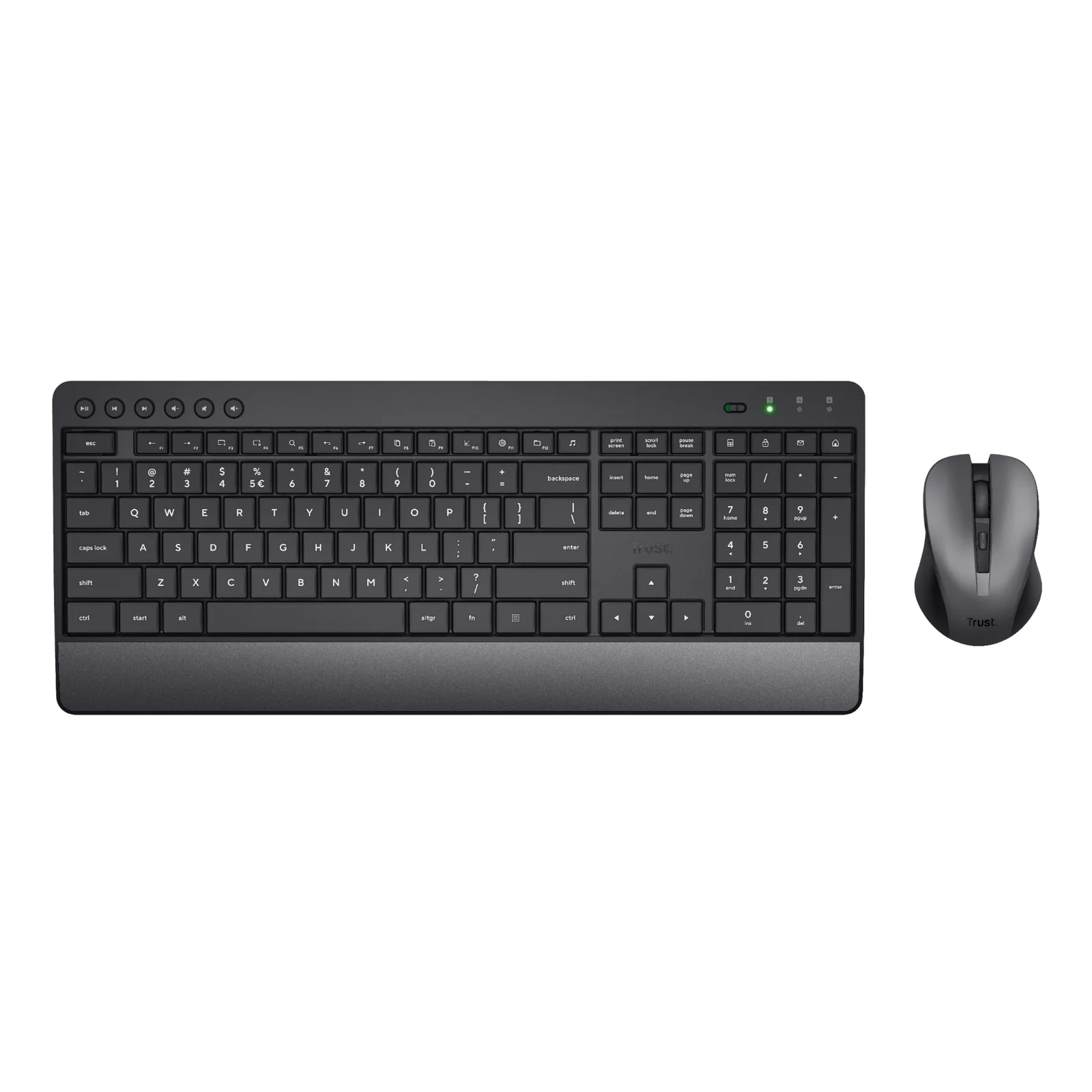 Trust Trezo Comfort, clavier et souris sur fond blanc, vue légèrement plongeante, coloris noir