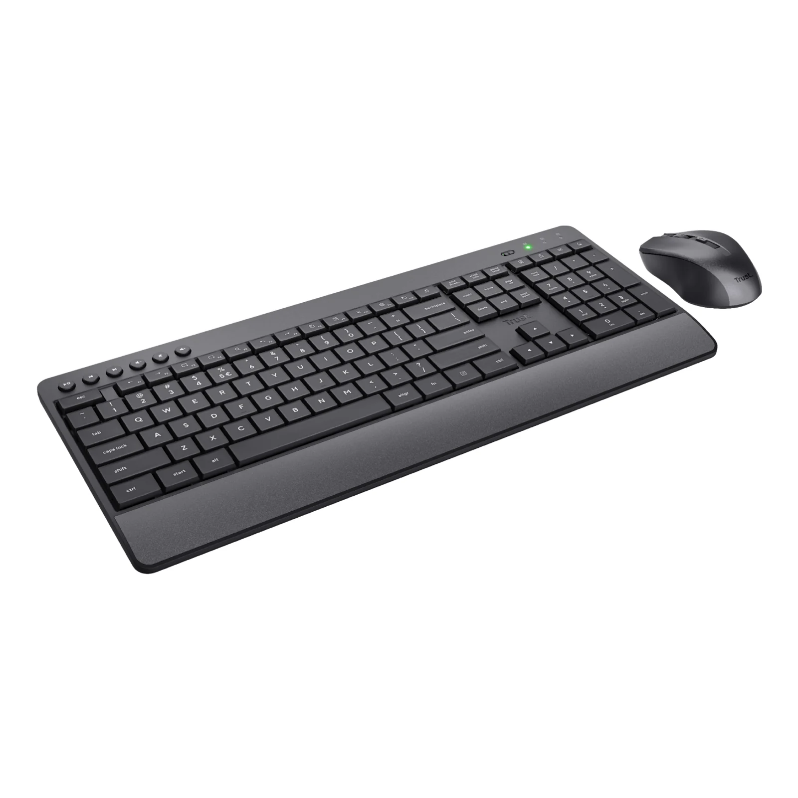 Trust Trezo Comfort, clavier avec repose-poignet et souris, vue avant gauche, gris foncé