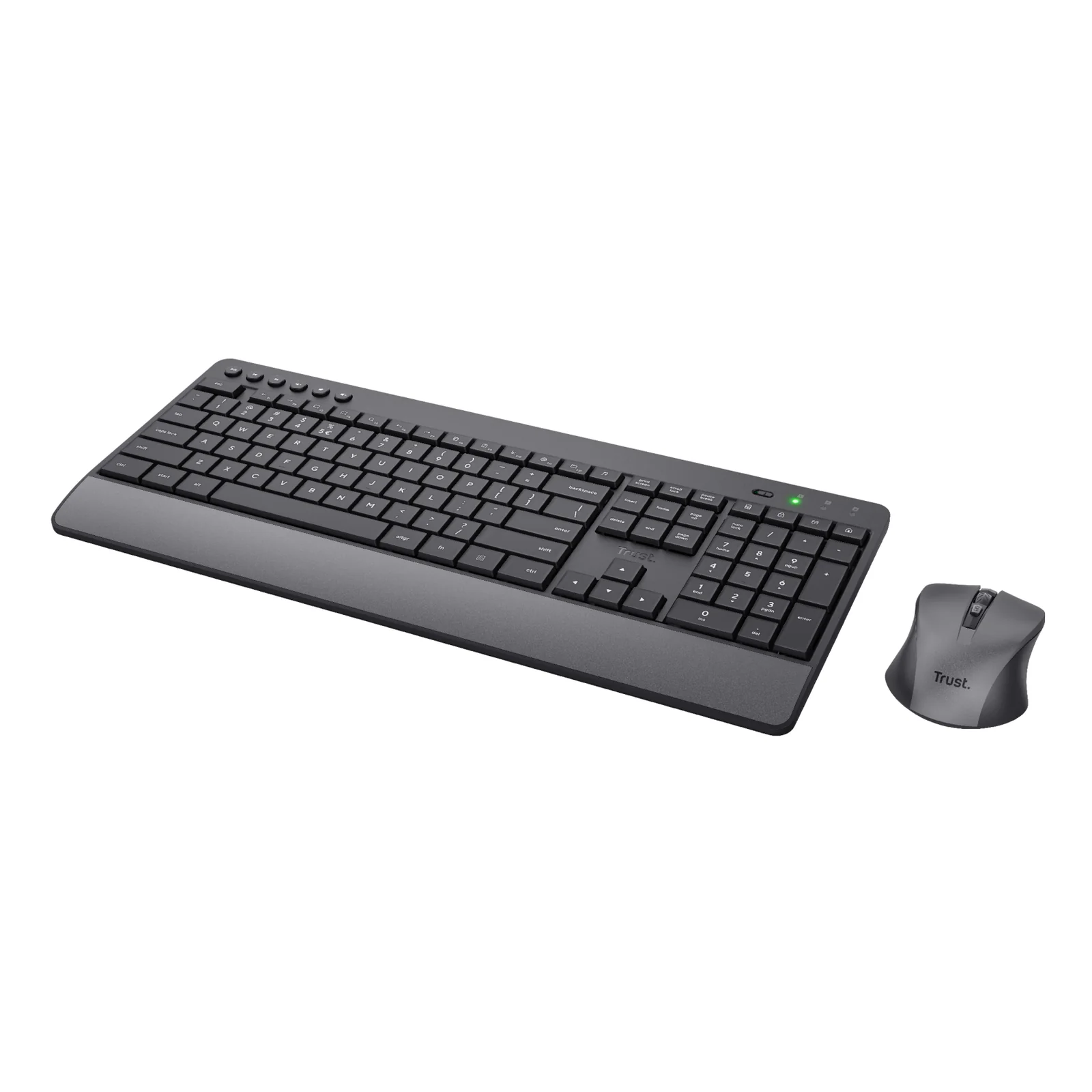 Trust Trezo Comfort, clavier avec repose-poignet gris et souris noire, vue de face