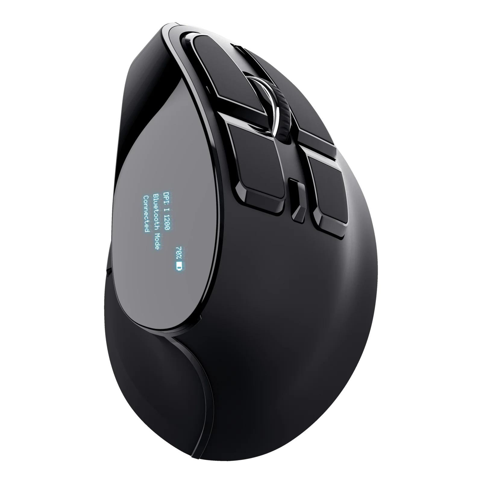 Trust Voxx vue de face trois quarts, écran LED bleu allumé sur le dessus de la souris noire
