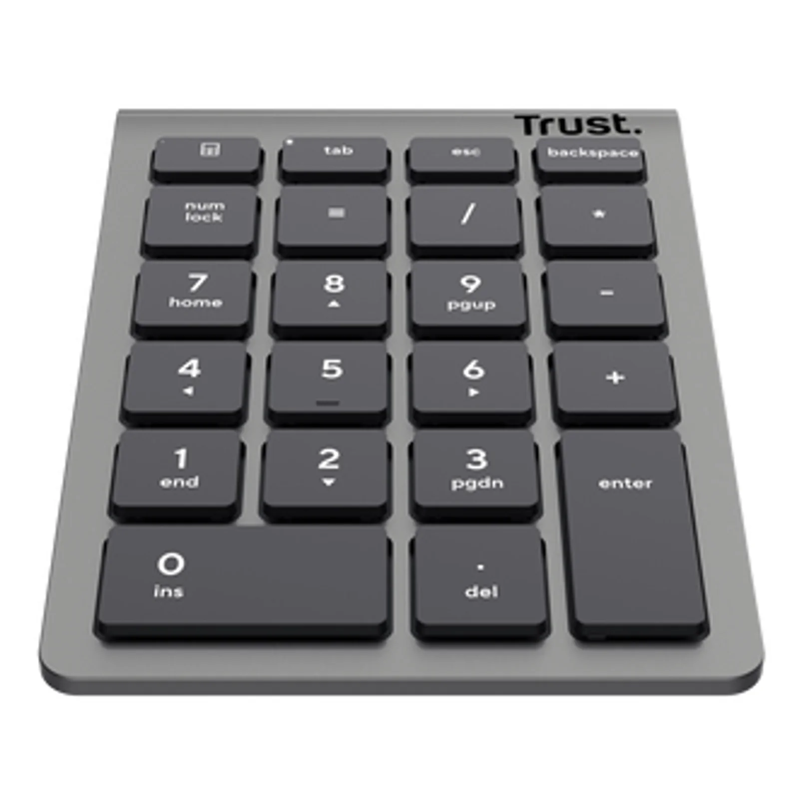 Trust Xalas 22 touches, vue frontale, touches gris foncé sur fond argent, logo Trust en haut