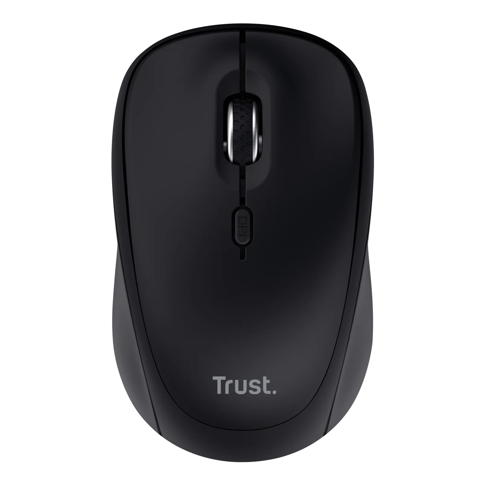 Vue de face légèrement plongeante, souris noire avec logo Trust imprimé au centre