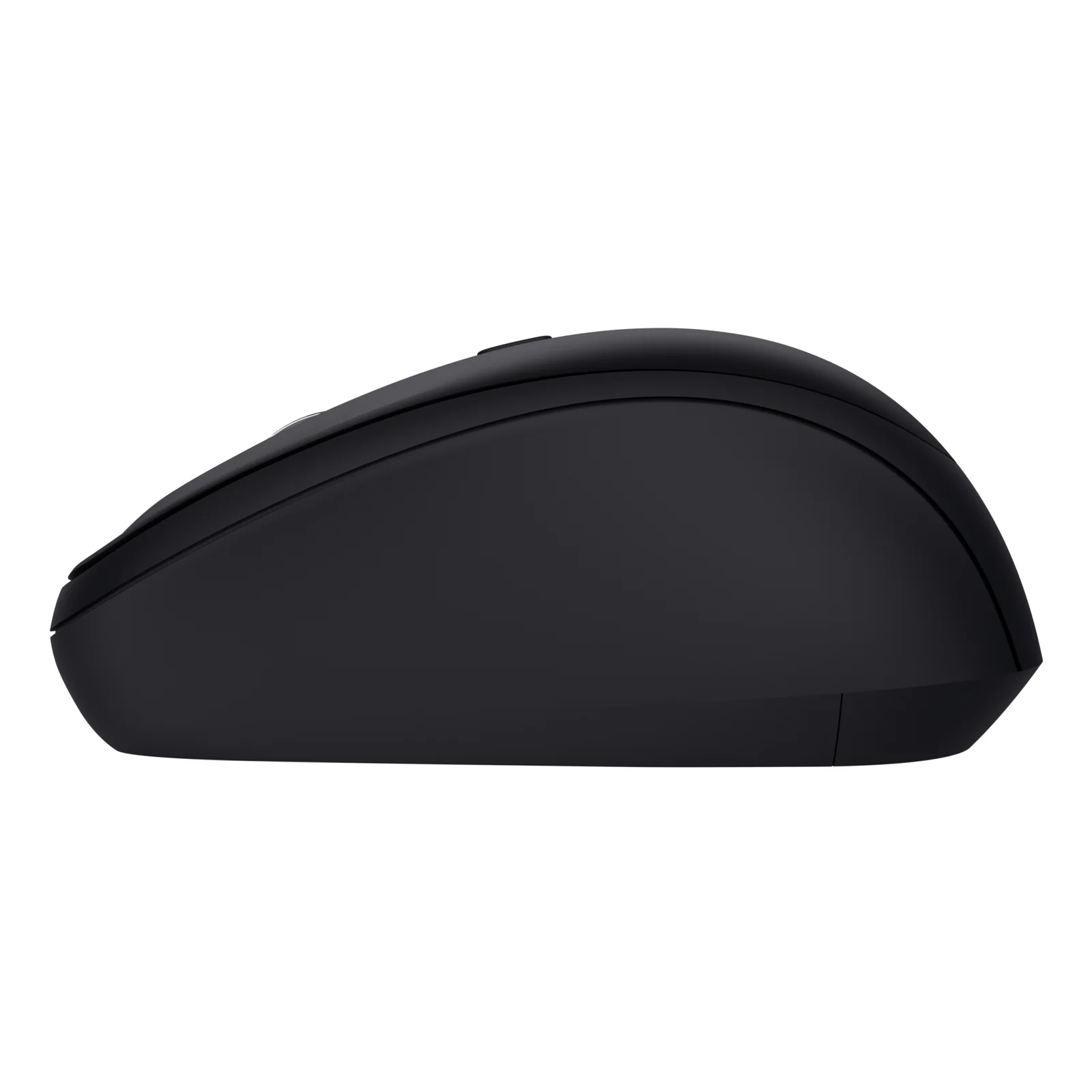 Vue de profil gauche, souris sans fil noire, forme bombée, surface mate