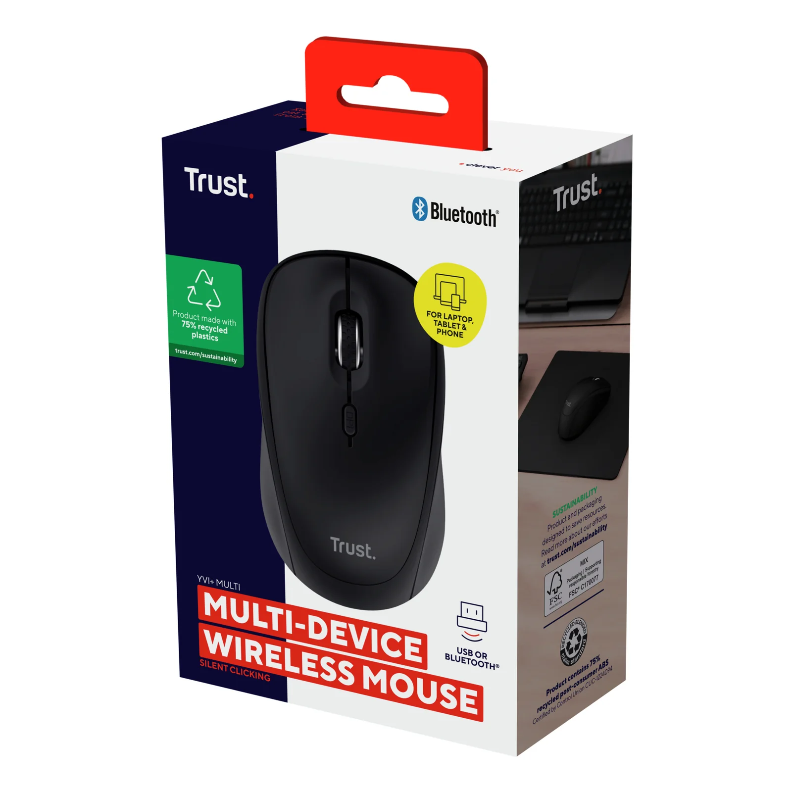 Boîte de packaging Trust, face avant, mentions Bluetooth et Multi-Device Wireless Mouse, fond blanc