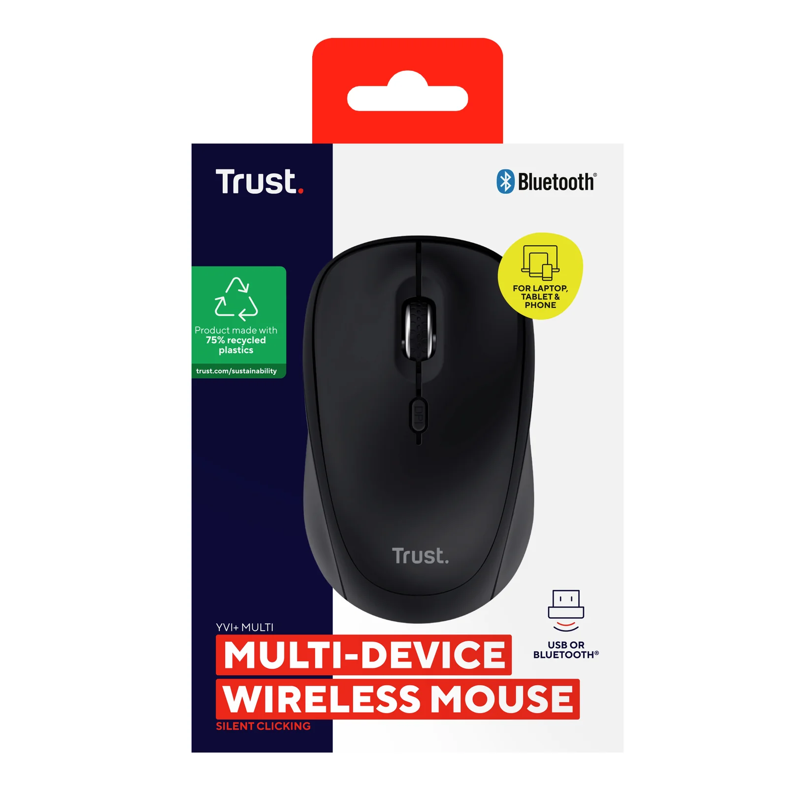 Boîte de packaging Trust vue de face légèrement de biais, logo Bluetooth en haut, inscription Multi-Device Wireless Mouse