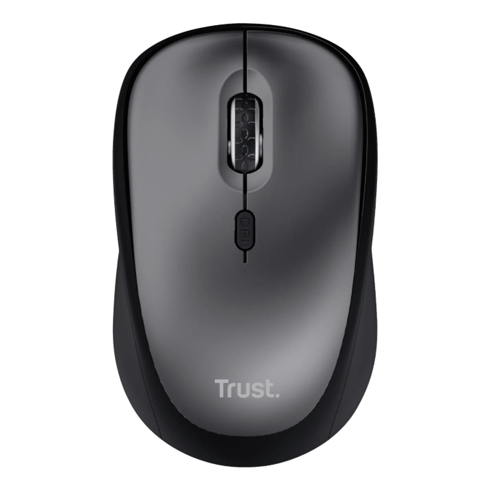 Souris Trust Yvi+ vue de face, logo Trust visible en façade, coque gris foncé et noir