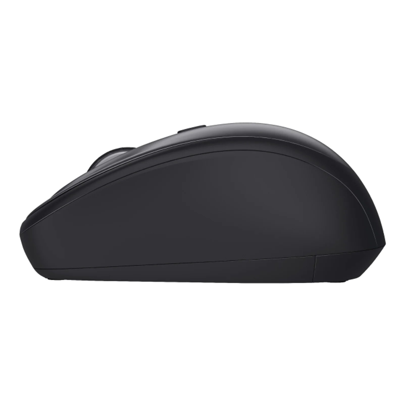 Souris Trust Yvi+ vue de profil latéral, flanc noir, forme compacte arrondie