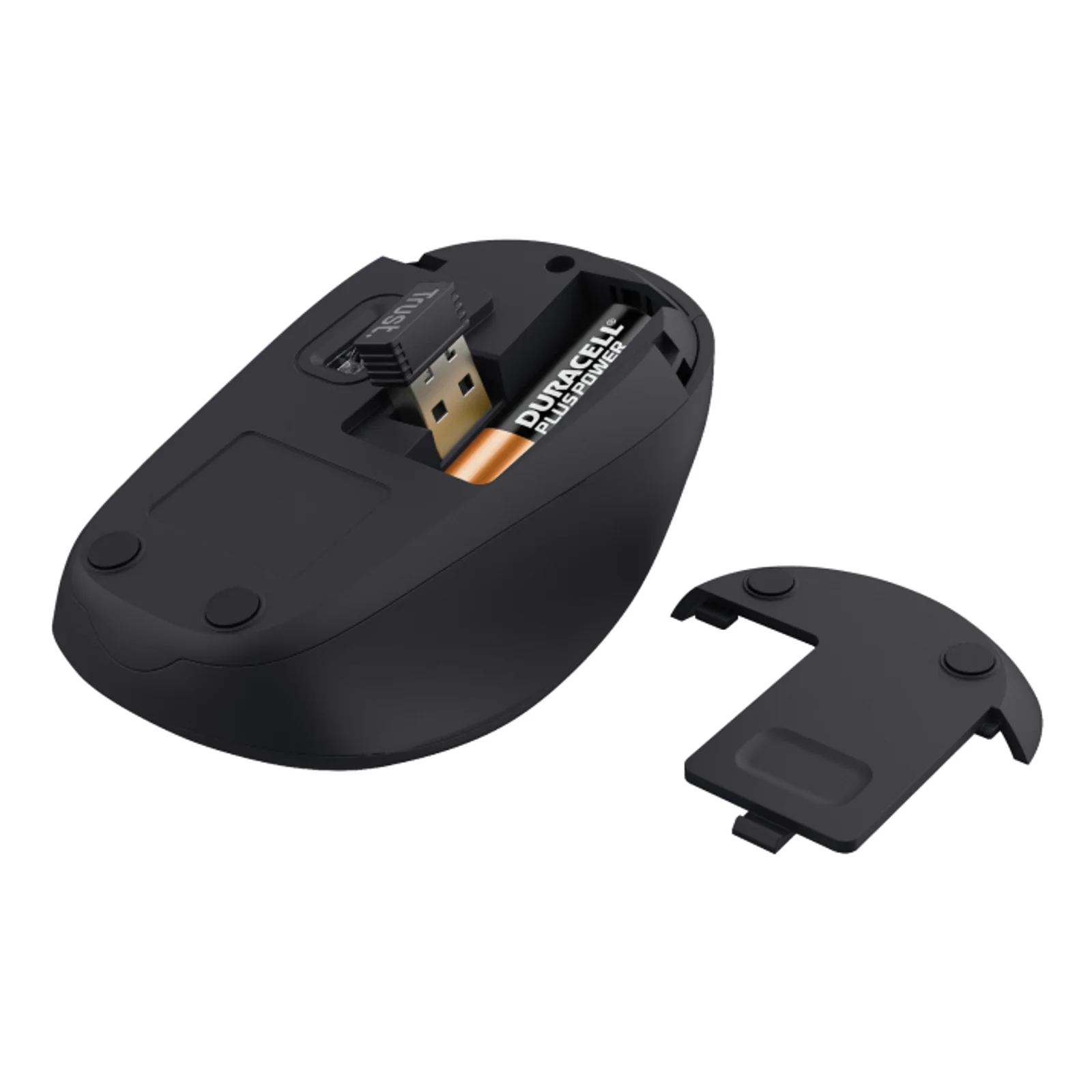 Souris Trust Yvi+ dessous, compartiment batterie ouvert avec récepteur nano USB et 2 piles AA