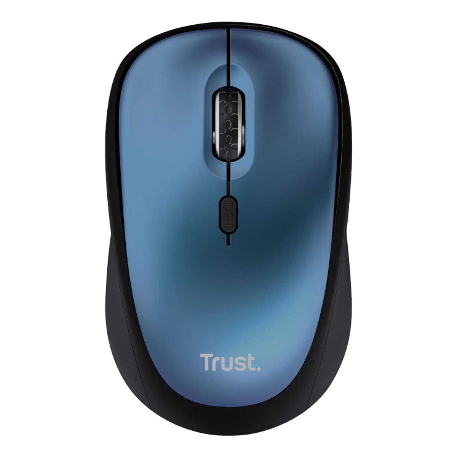Vue de face, souris bleu marine et noire, logo Trust centré sur le dessus