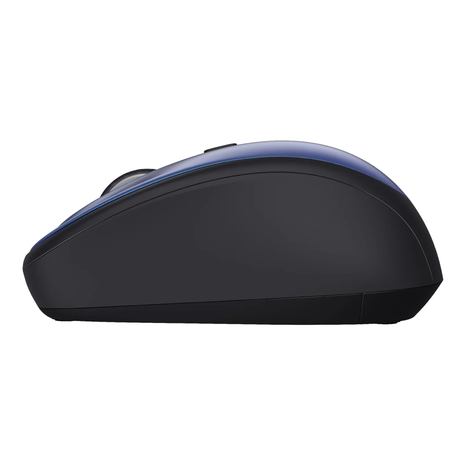 Vue de profil gauche, souris bleu marine et noire, forme ergonomique compacte