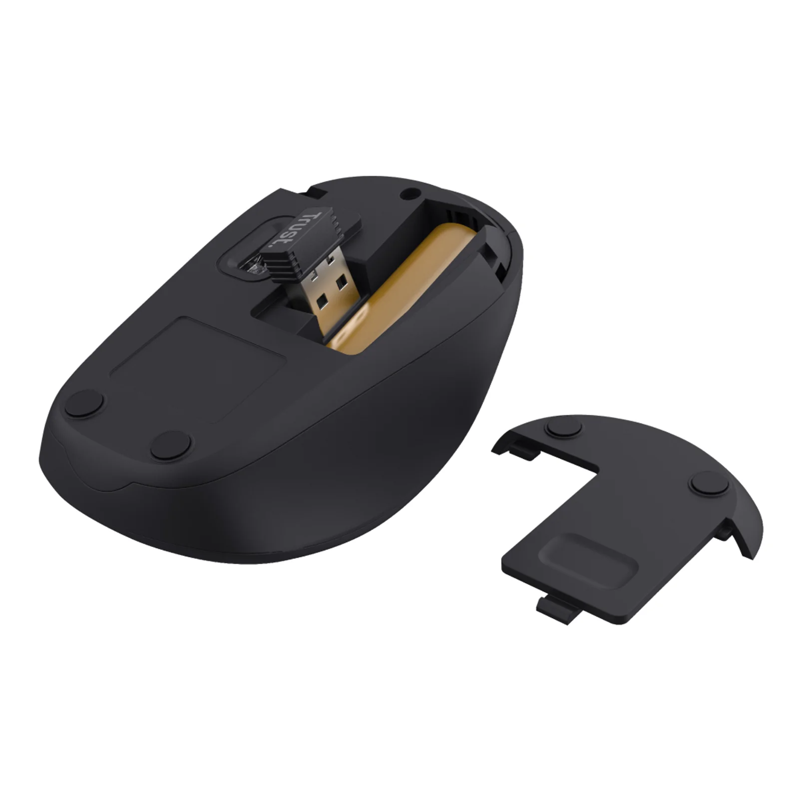 Vue du dessous noire, compartiment pile ouvert, batterie AA et nano-récepteur USB