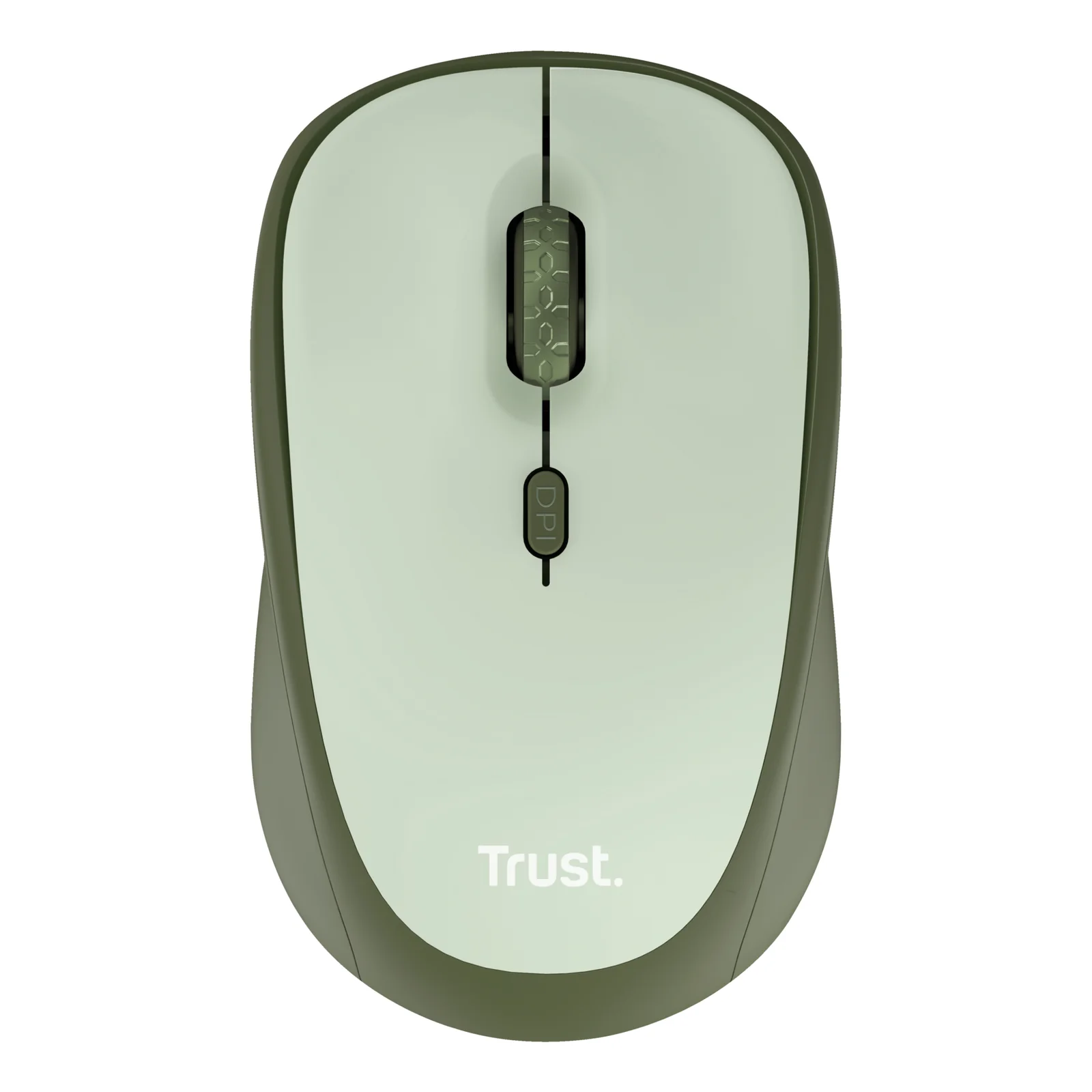 Souris Trust Yvi+ face avant, coloris vert bicolore avec logo Trust centré en bas