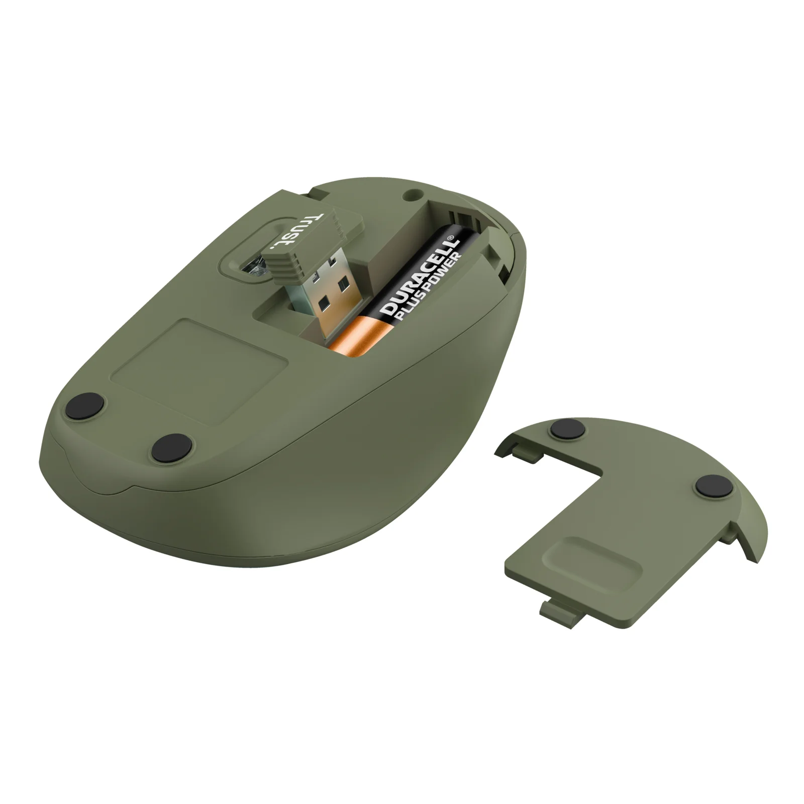 Face inférieure de la souris Trust Yvi+ ouverte, récepteur USB nano et pile AA visible dans le logement