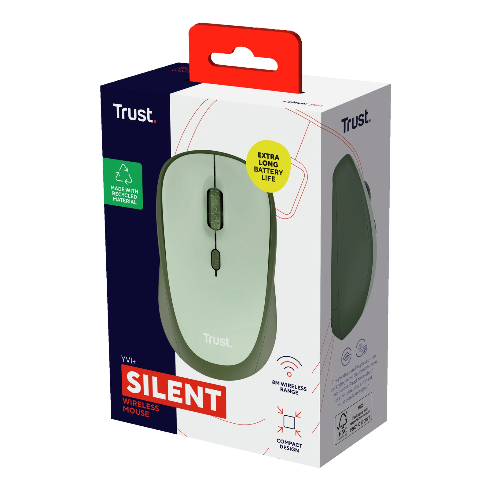 Boîte de vente Trust Yvi+ coloris vert avec badge jaune Silent et mention portée 2,4 GHz