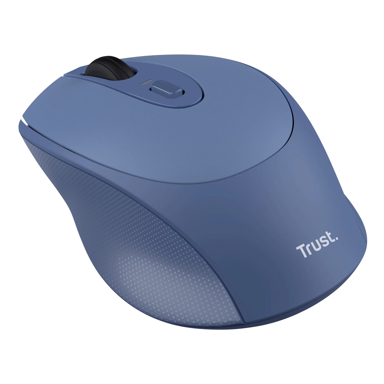 Vue trois quarts, souris bleue Trust Zaya avec logo Trust centré sur le dessus