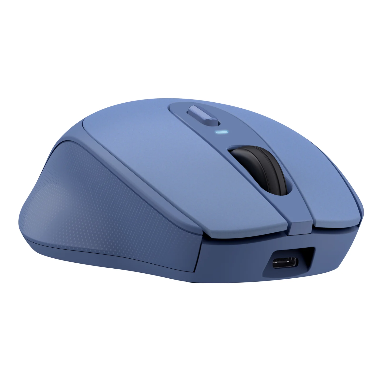 Vue latérale, souris Trust Zaya bleue, port USB-C de recharge visible à l'arrière