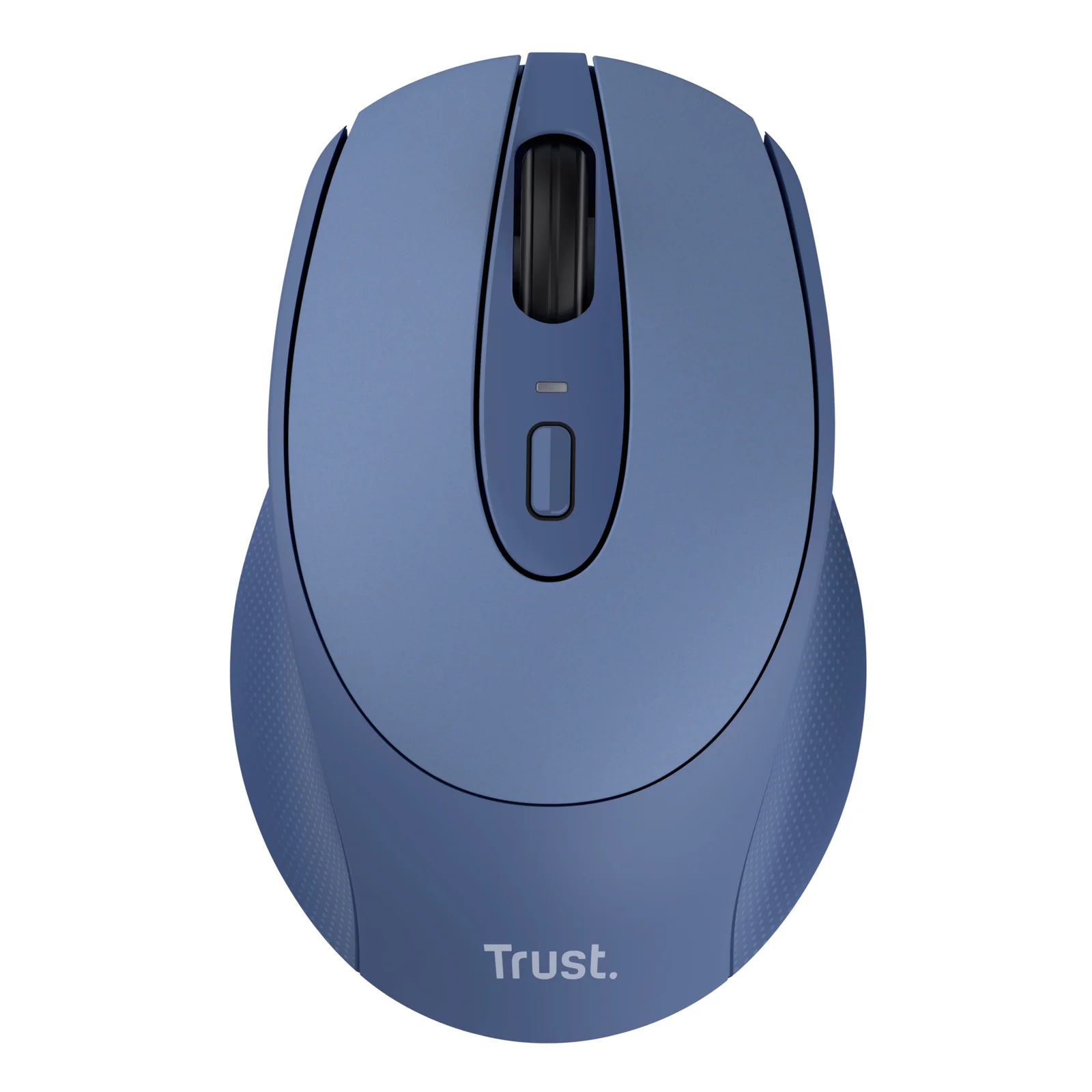 Vue de face, souris sans fil Trust Zaya bleue, profil symétrique ambidextre
