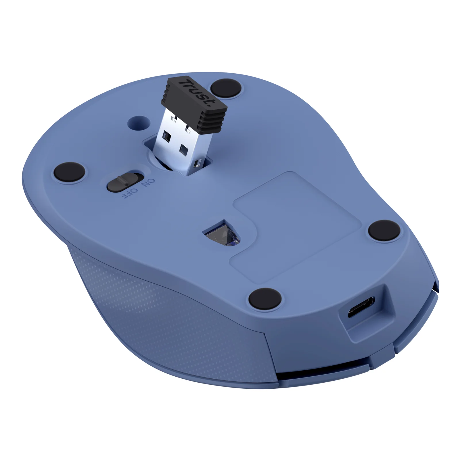 Vue de dessous, souris Trust Zaya bleue, logement de rangement du récepteur USB nano