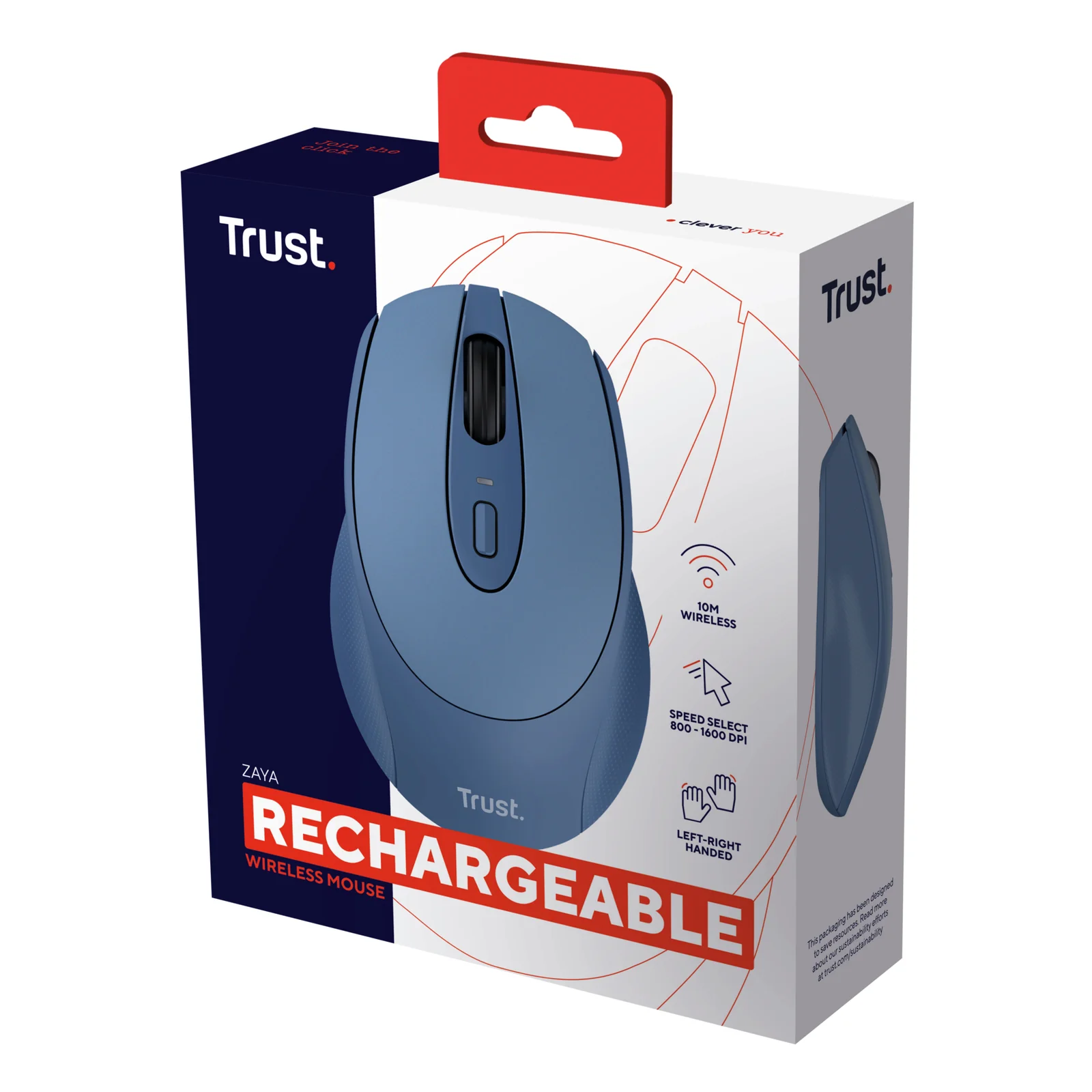 Souris Trust Zaya bleue posée devant sa boîte d'emballage, mention Rechargeable en façade