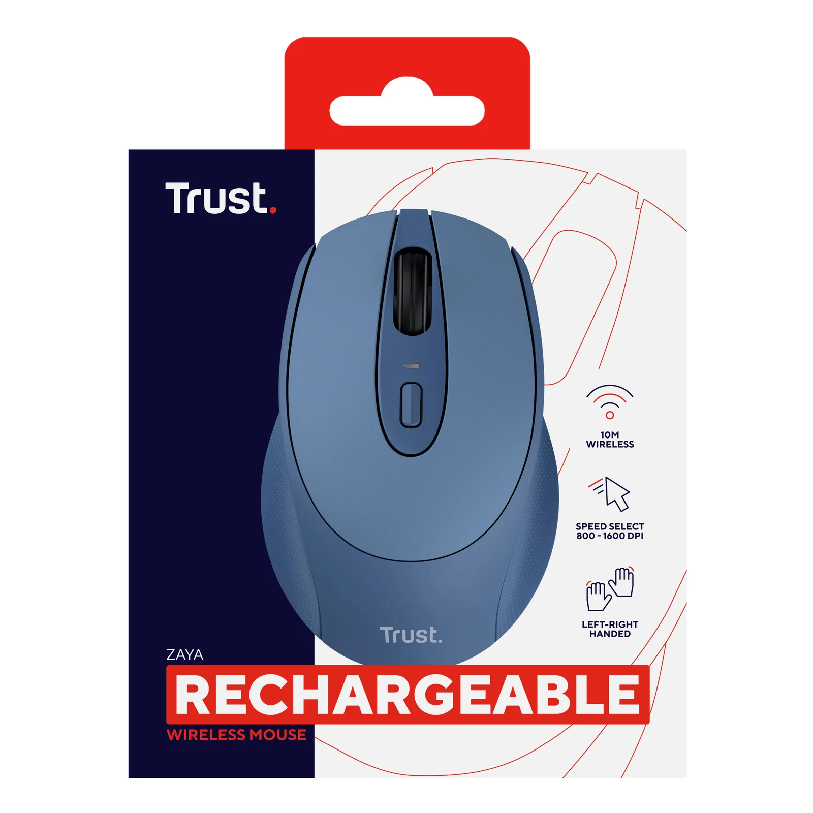 Face avant de l'emballage Trust Zaya, souris sans fil rechargeable bleue illustrée