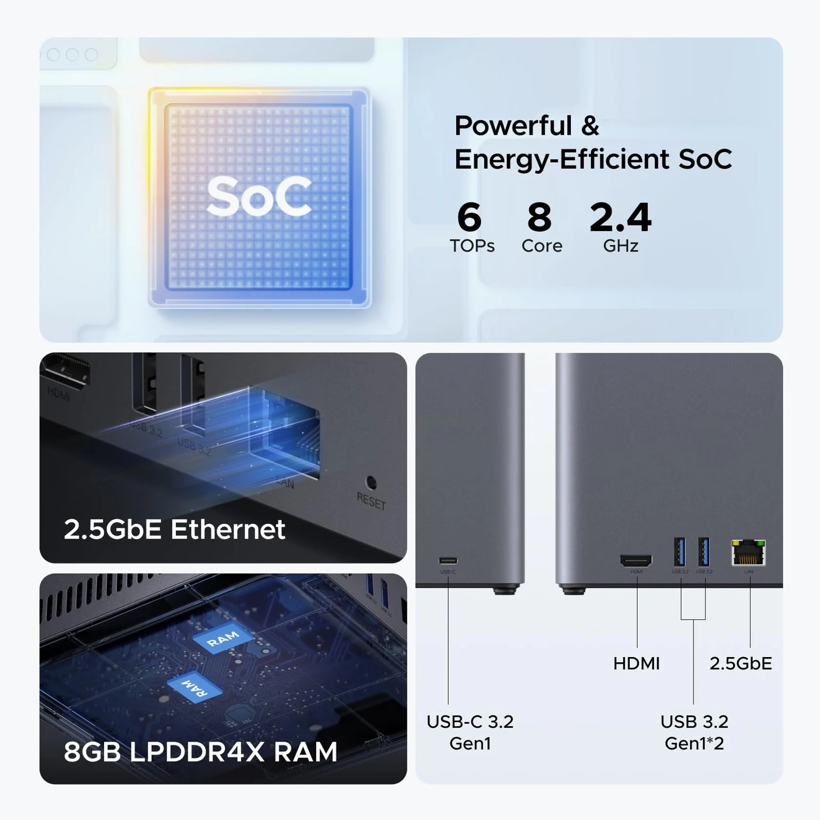 Ugreen DH4300 Plus NAS Mini Tower 8 Go LPPDDR4X UGOS Pro Gris