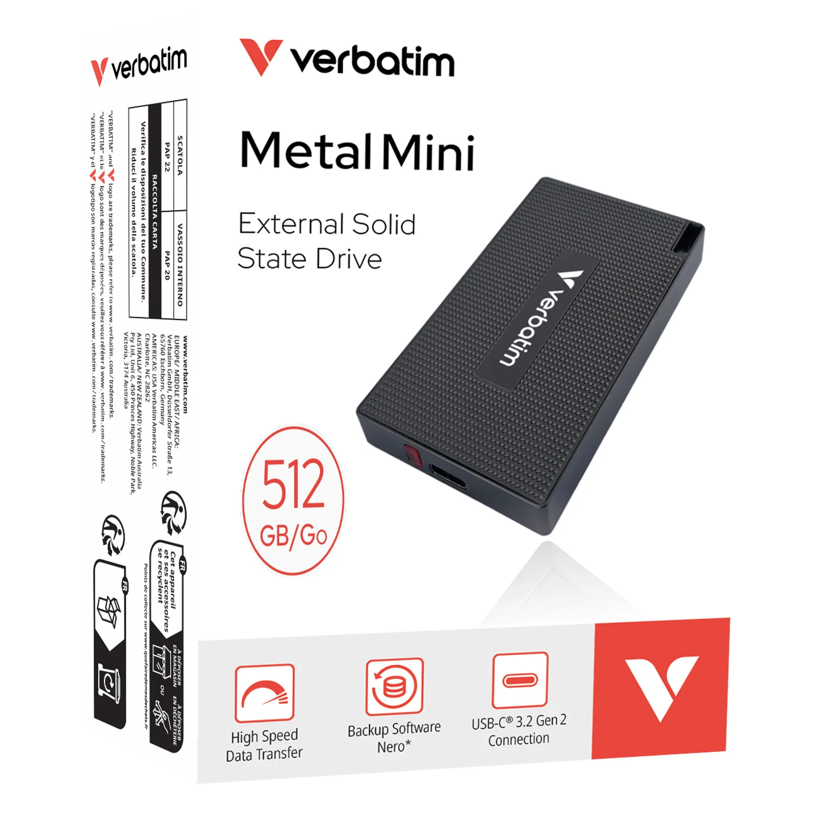 Verbatim 32030 lecteur à circuits intégrés externe 512 Go USB Type-C USB 3.2 Gen 2x2 Gris