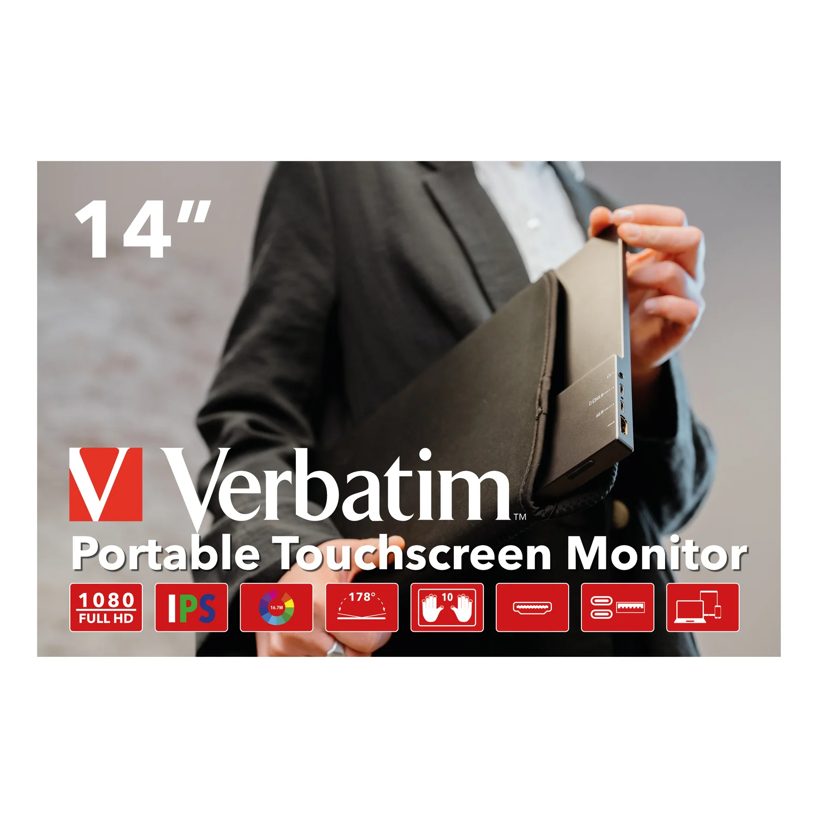 Verbatim 49591 écran plat de PC 35,6 cm (14") 1920 x 1080 pixels Full HD LCD Écran tactile Noir