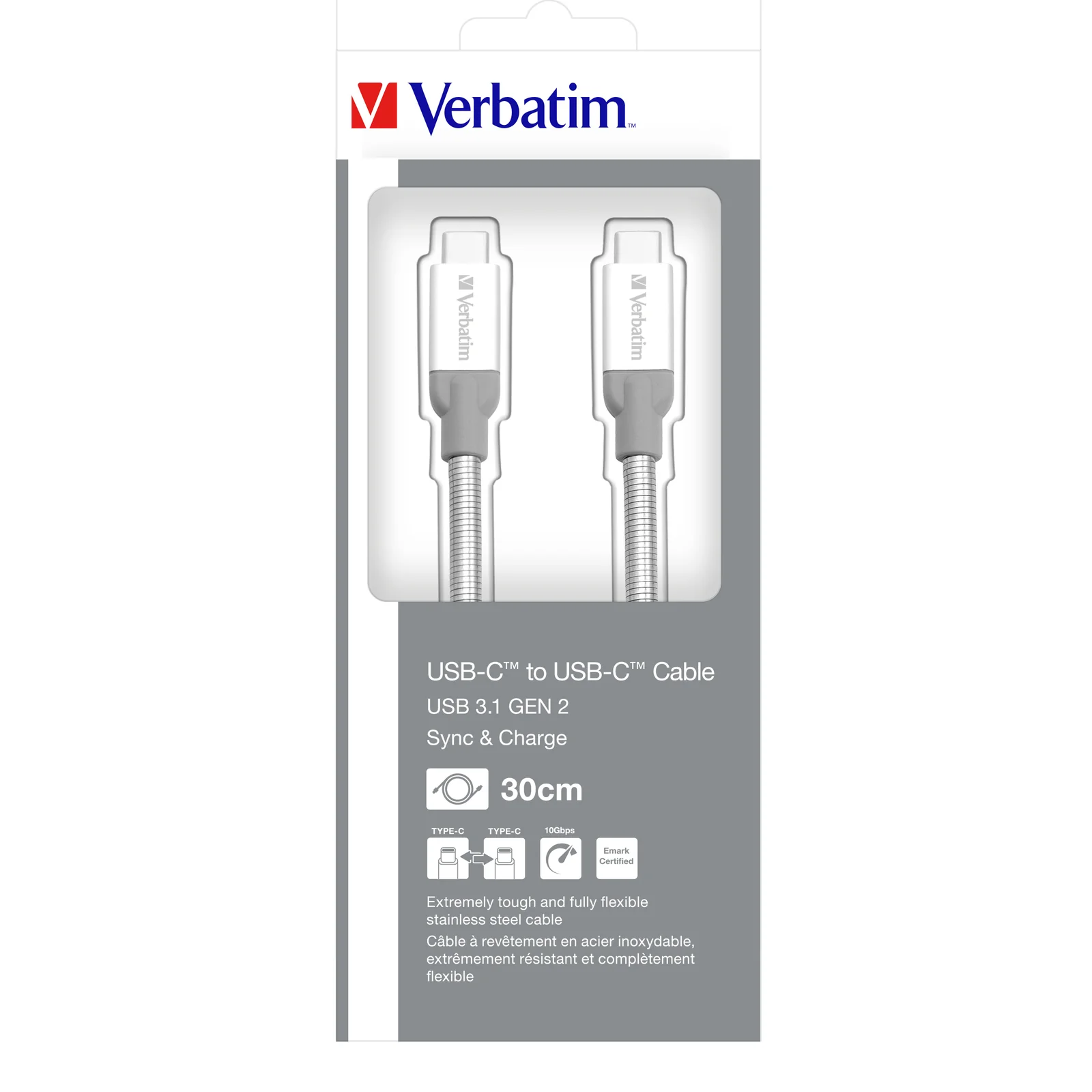 Verbatim Câble de synchronisation et de charge USB-C à USB-C USB 3.1 GÉN 2 de en acier inoxydable de 30 cm