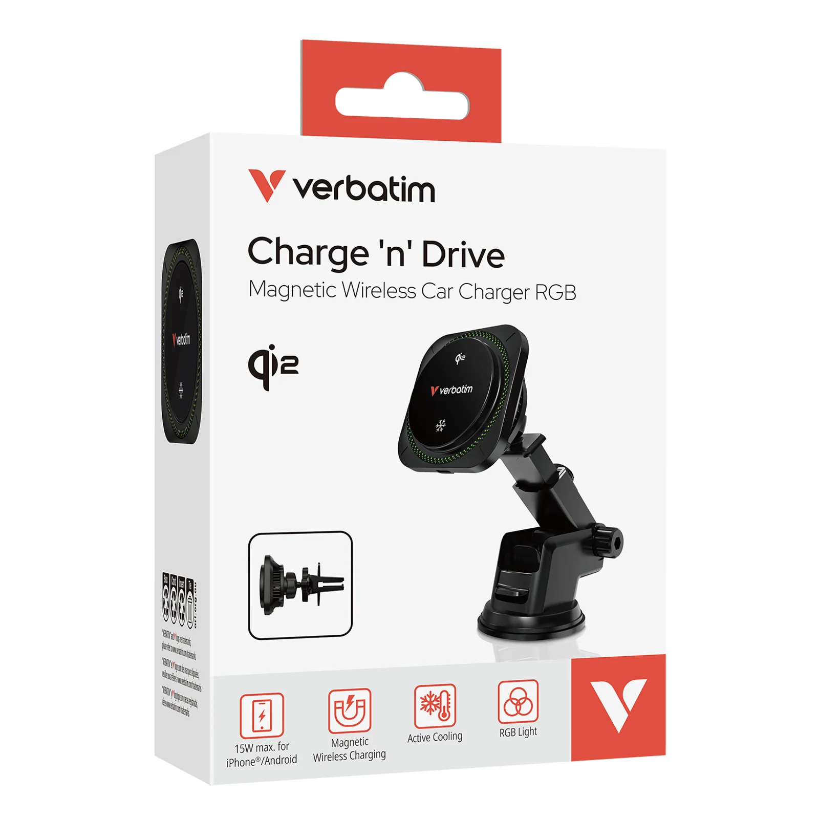 Verbatim Charge 'n' Drive Qi2 RGB Smartphone Noir USB Recharge sans fil Charge rapide Auto