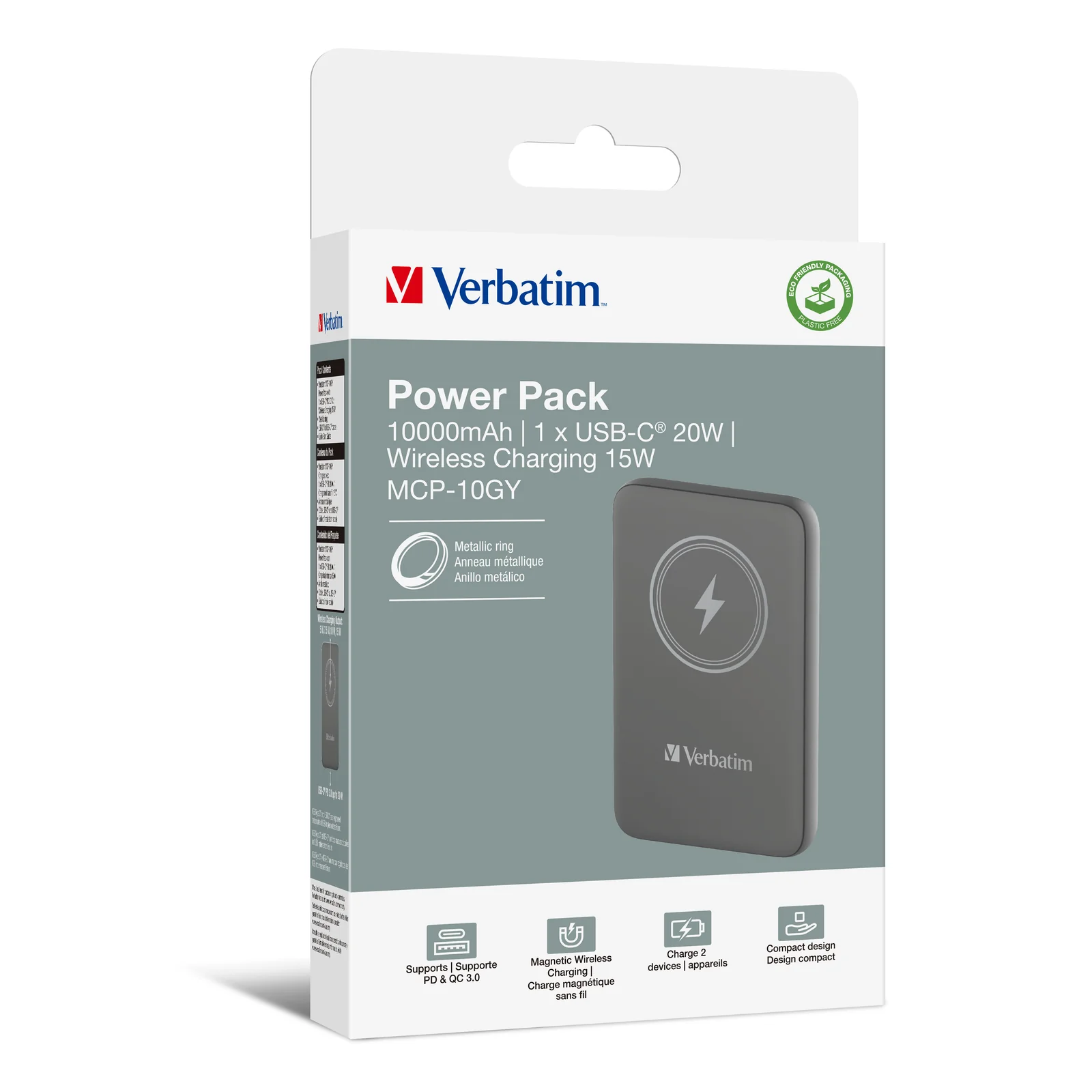 Verbatim Charge 'n' Go Lithium Polymère (LiPo) 10000 mAh Recharge sans fil Gris