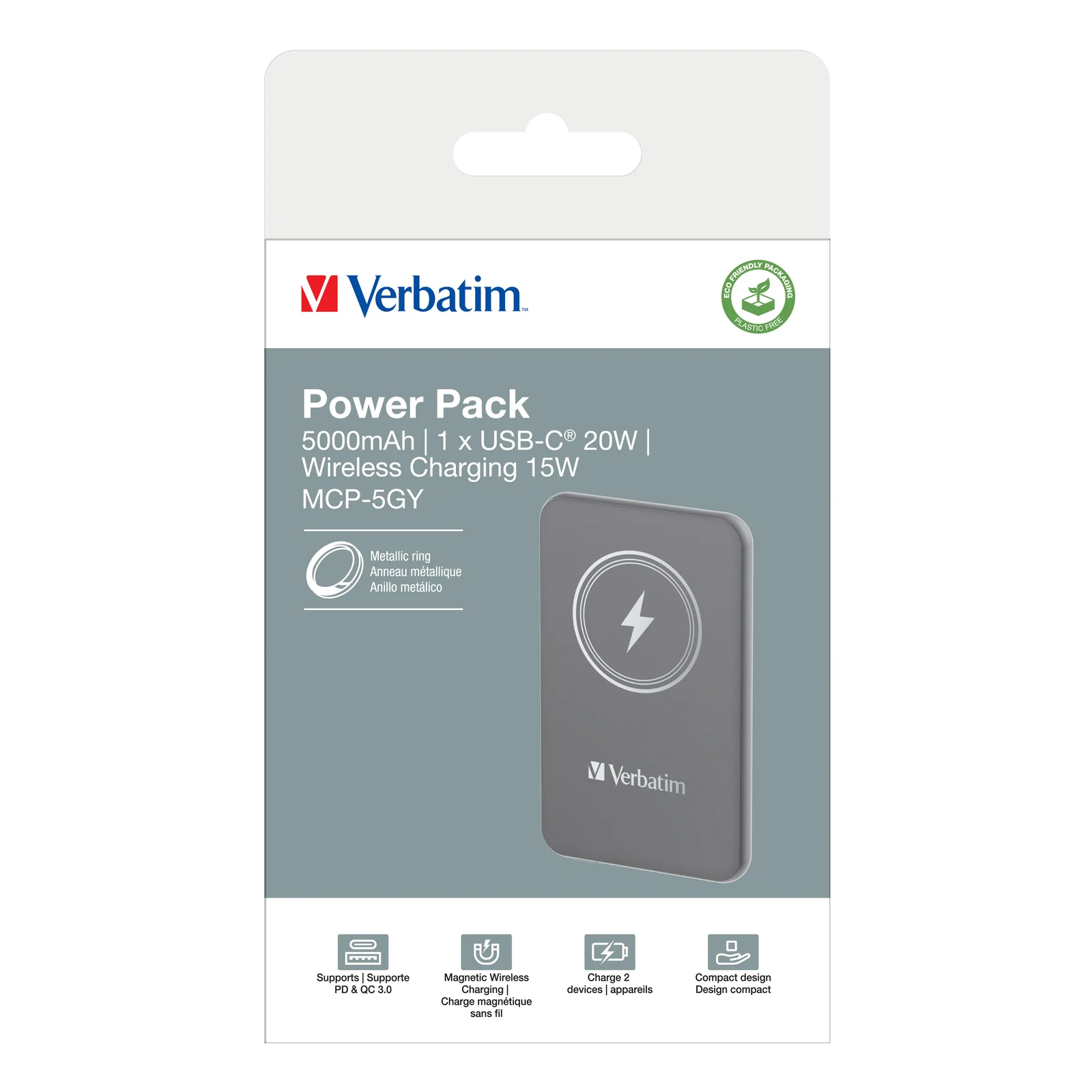 Verbatim Charge 'n' Go Lithium Polymère (LiPo) 5000 mAh Recharge sans fil Gris