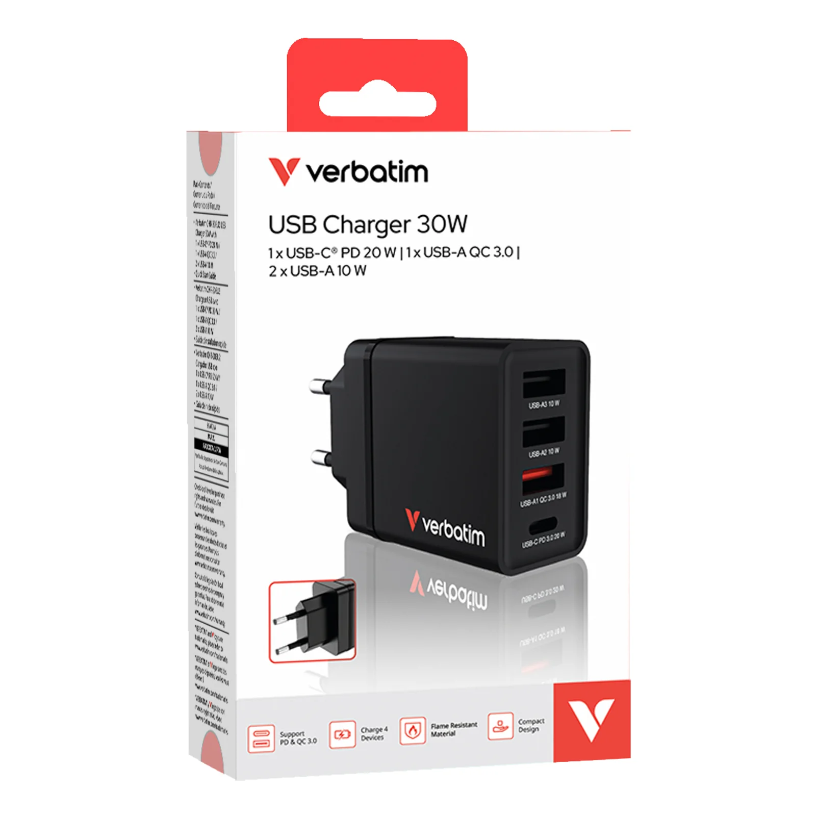 Verbatim Chargeur USB mural 4 ports 30 W - Noir