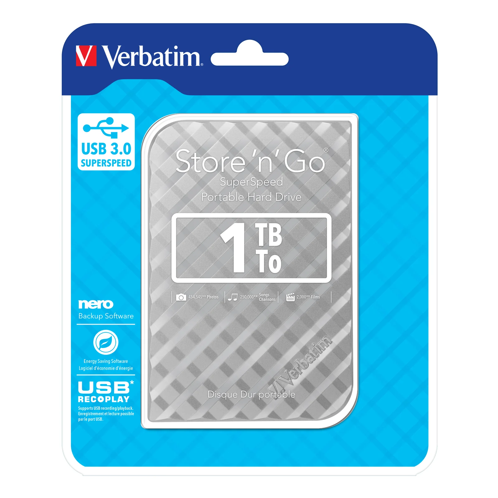 Verbatim Disque dur portable USB Store 'n' Go 3.0, 1 To, Argenté