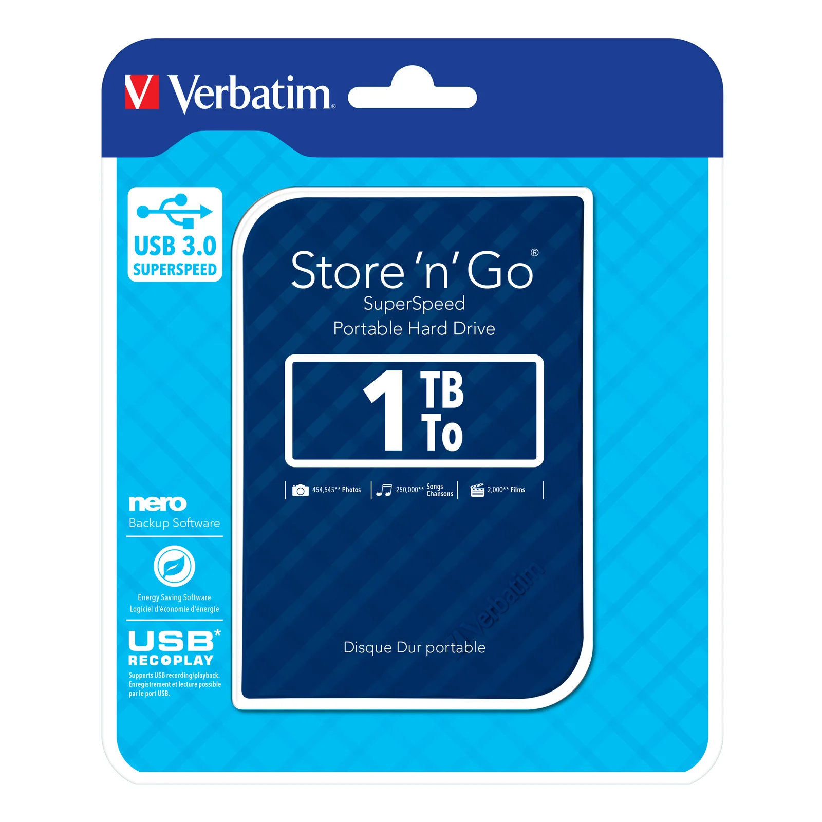Verbatim Disque dur portable USB Store 'n' Go 3.0, 1 To - Bleu