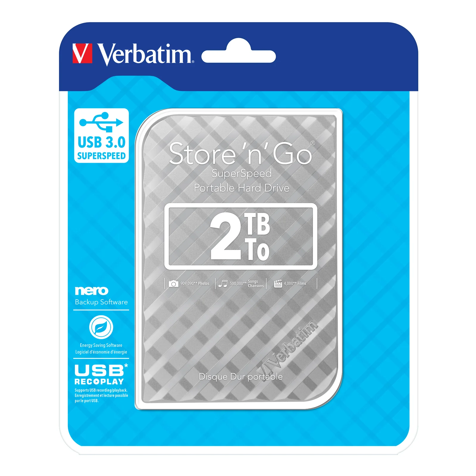 Verbatim Disque dur portable USB Store 'n' Go 3.0, 2 To, Argenté