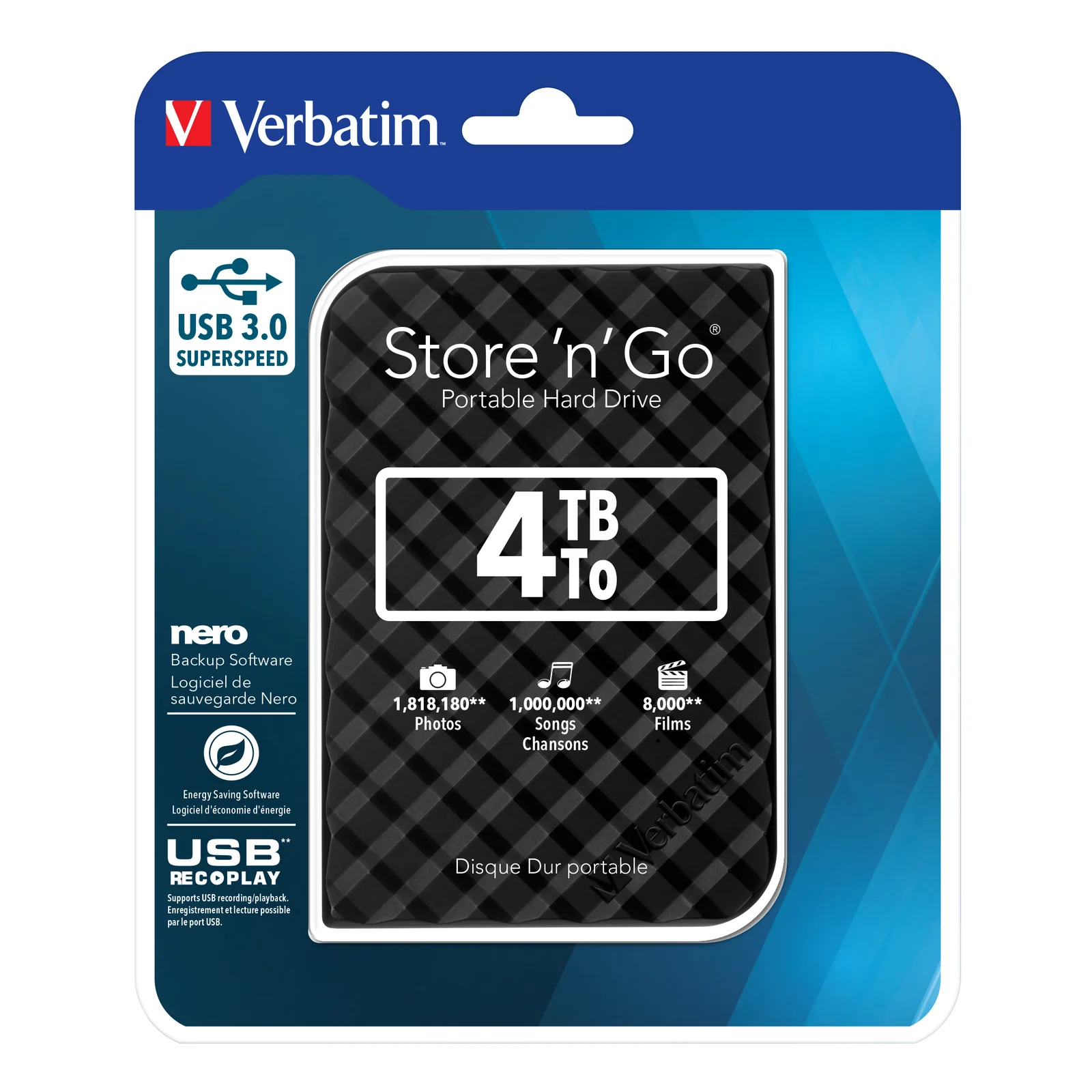 Verbatim Disque dur portable USB Store 'n' Go 3.0, 4 To, noir