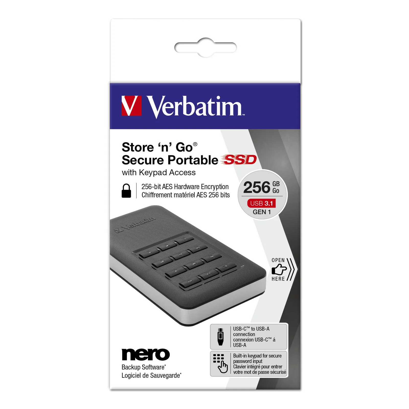 Verbatim Disque portable SSD Store n Go avec accès par clavier 256 Go