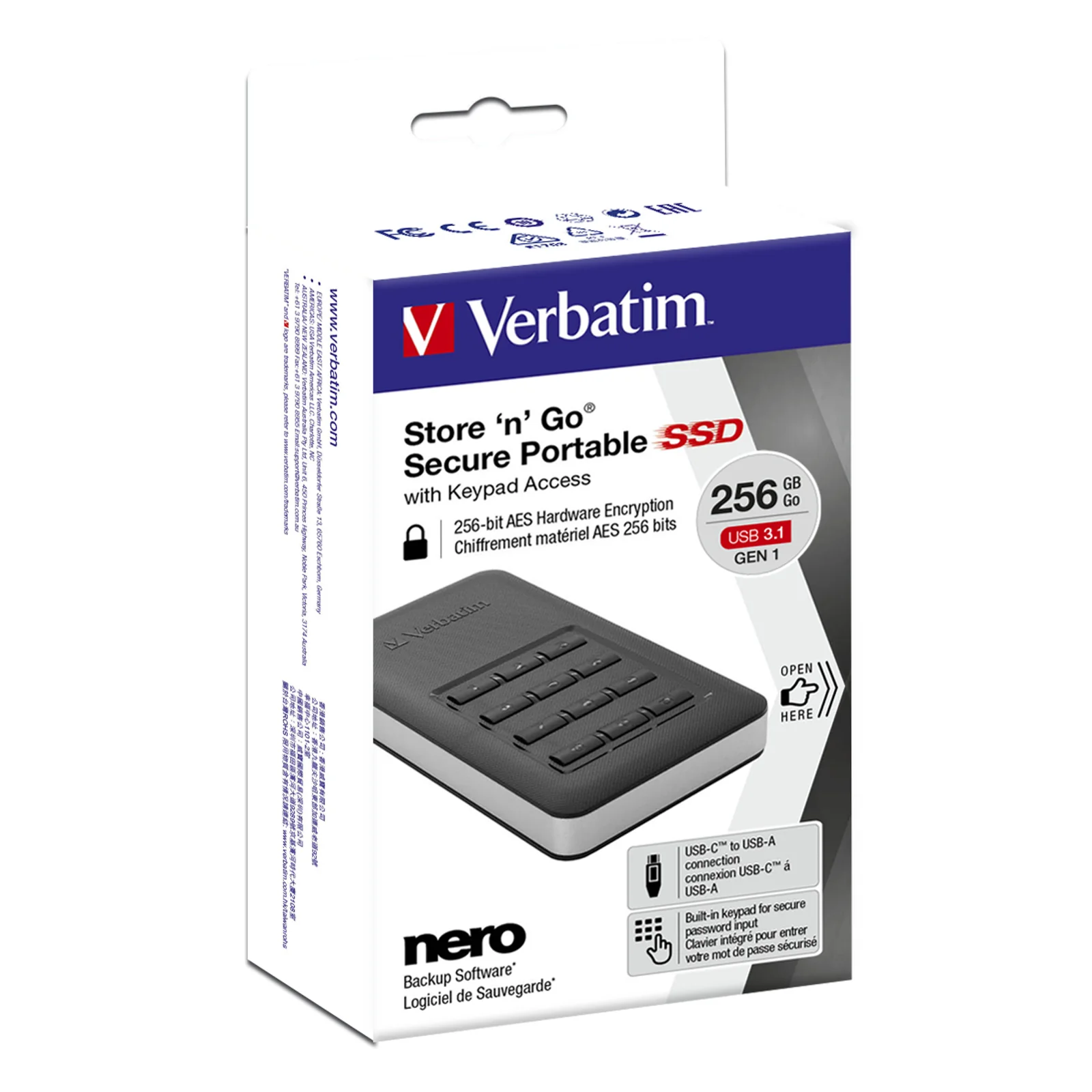 Verbatim Disque portable SSD Store n Go avec accès par clavier 256 Go