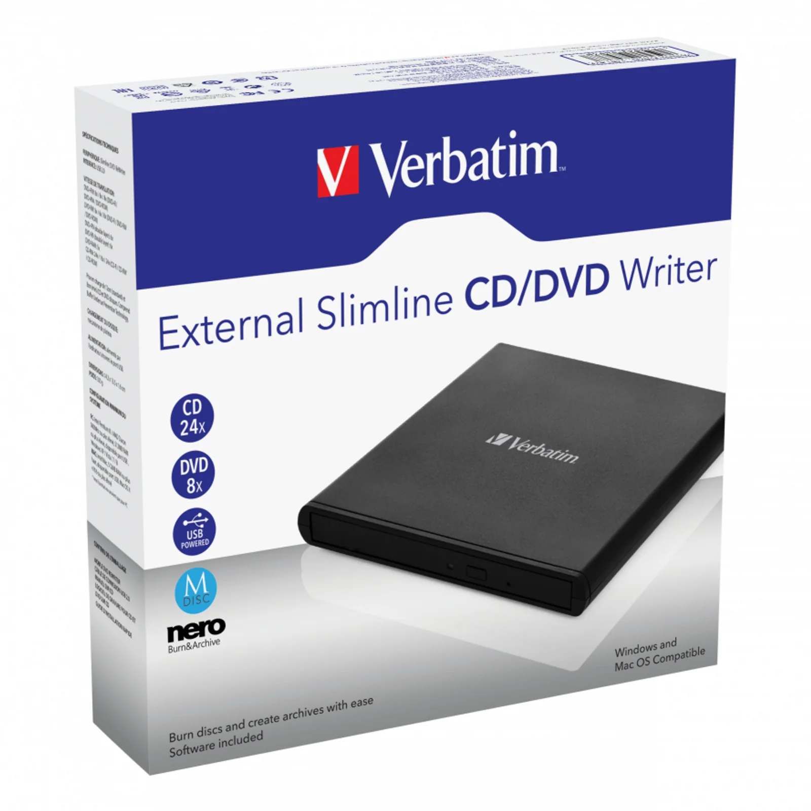Verbatim External Slimline CD/DVD Writer lecteur de disques optiques DVD±RW Noir