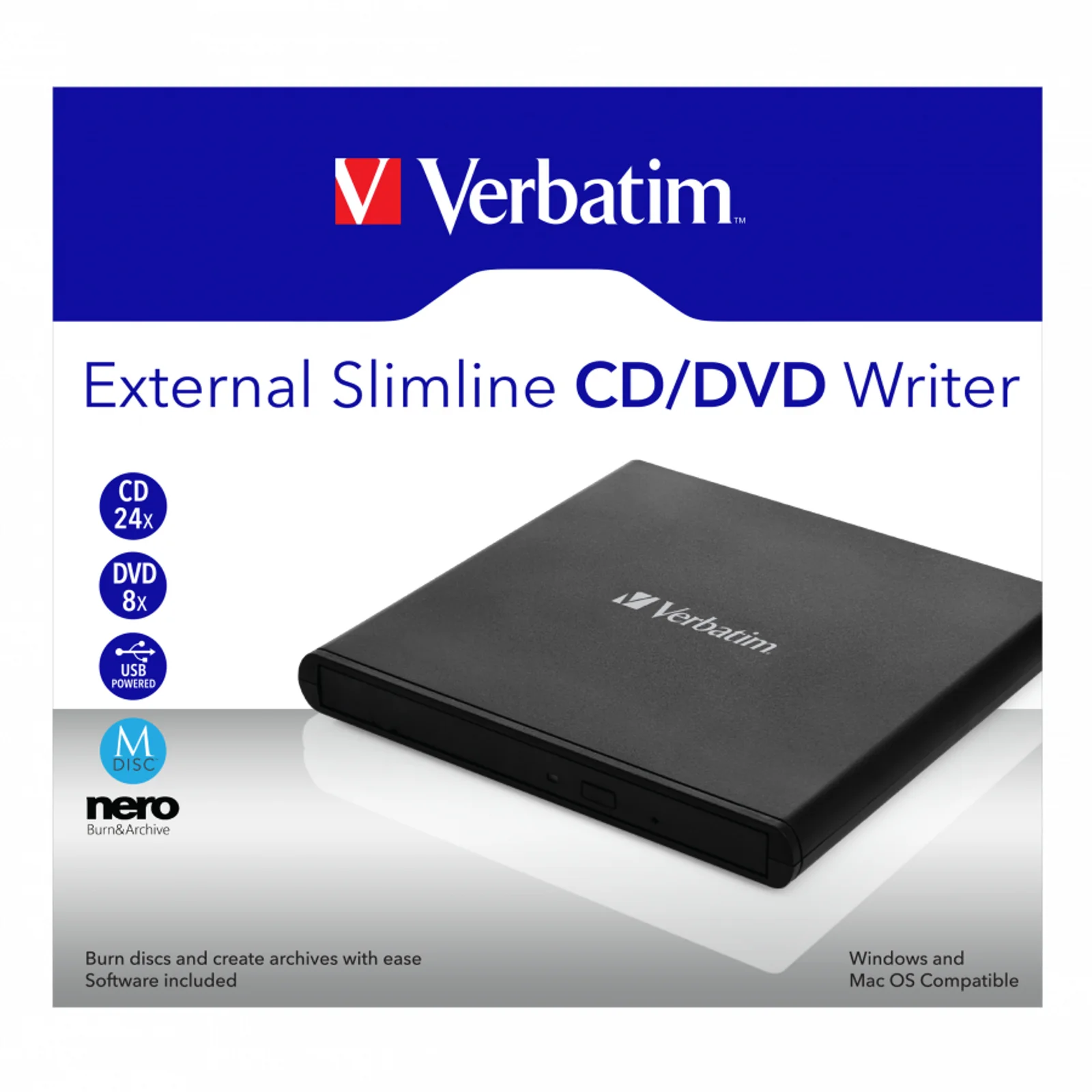 Verbatim External Slimline CD/DVD Writer lecteur de disques optiques DVD±RW Noir