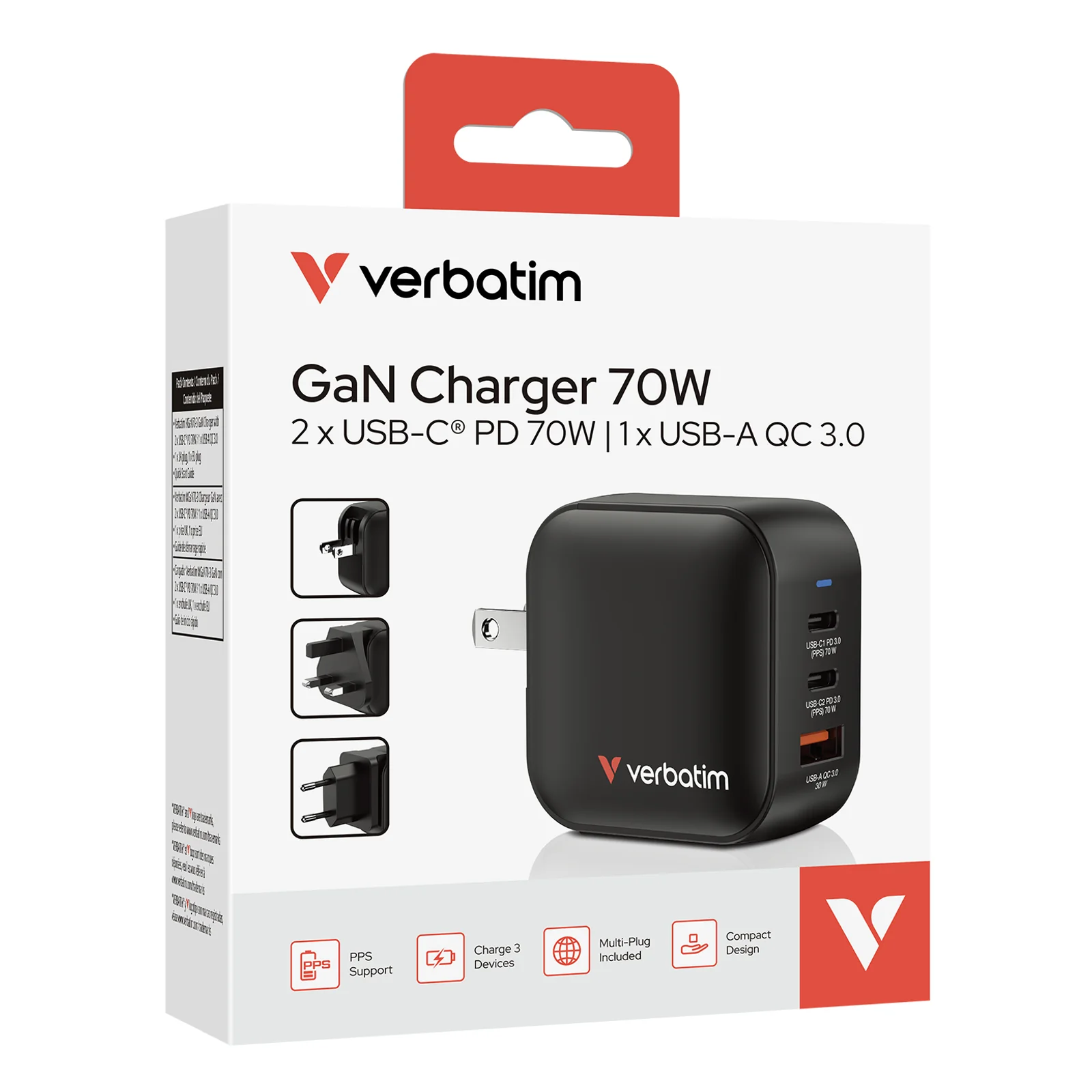 Verbatim Mini GaN Charger 70W Universel Noir Secteur Charge rapide Intérieure