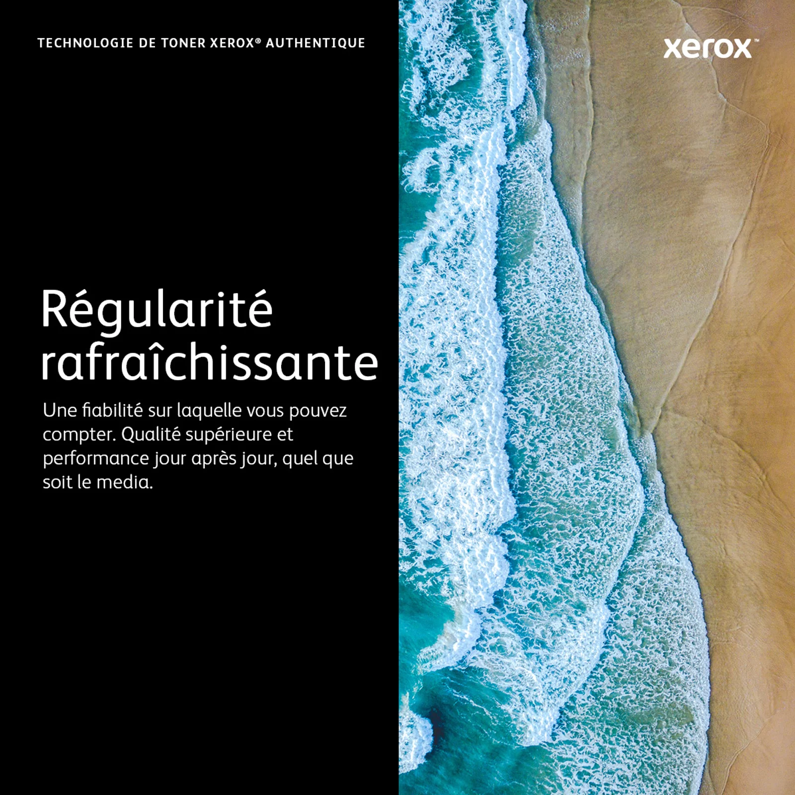 Vue aérienne de vagues déferlant sur une plage de sable, visuel promotionnel Xerox