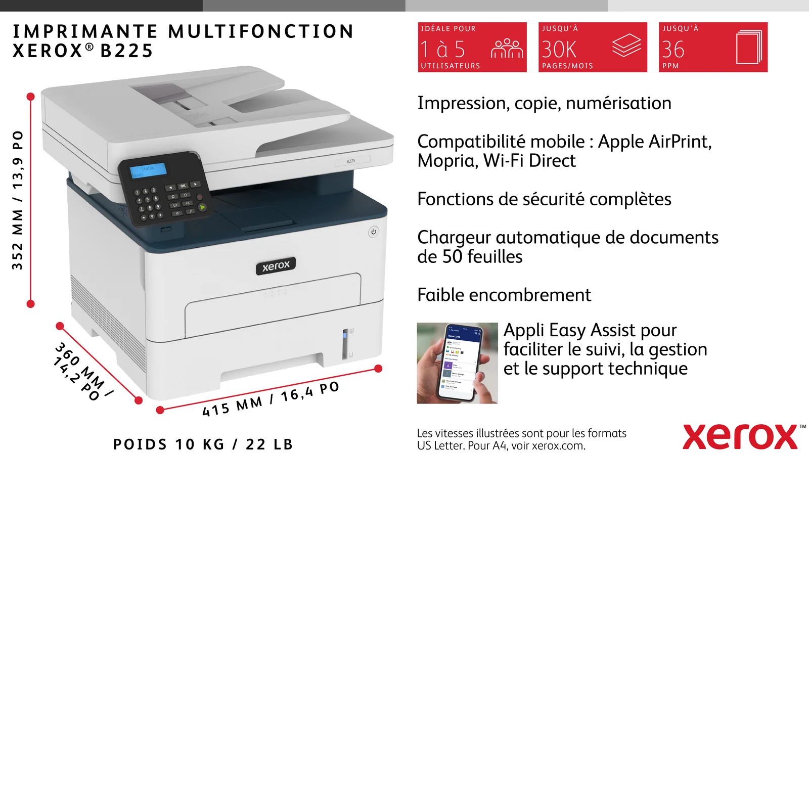 Xerox B225 copie/impression/numérisation recto verso sans fil A4, 34 ppm, PS3 PCL5e/6, chargeur automatique de documents, 2 magasins, total 251 feuilles