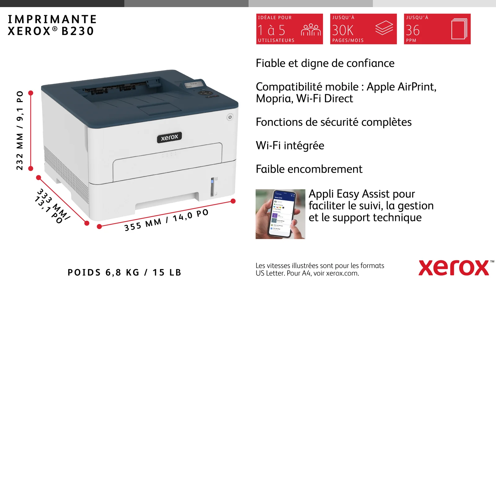 Xerox B230 Imprimante recto verso sans fil A4 34 ppm, PCL5e/6, 2 magasins Total 251 feuilles