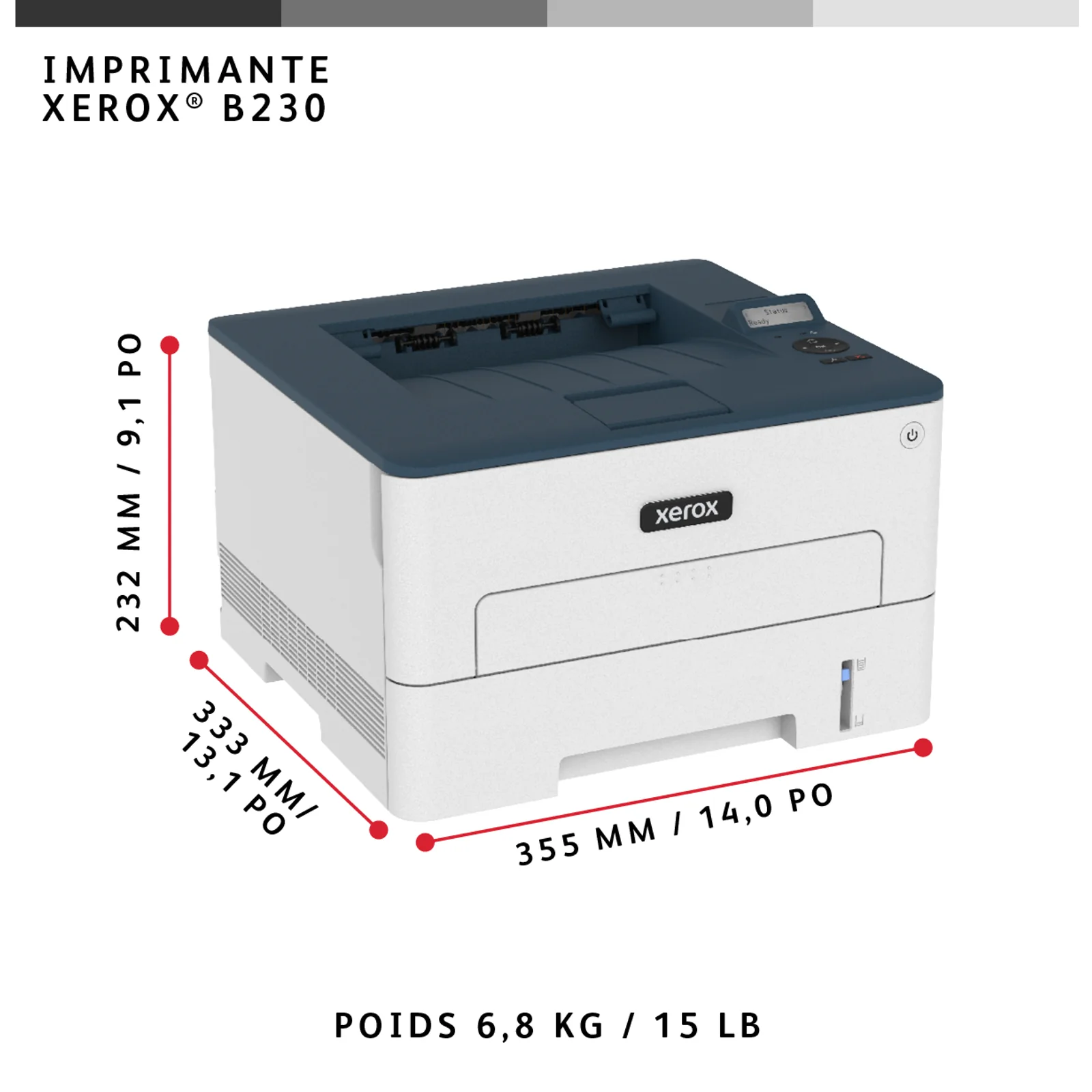 Xerox B230 Imprimante recto verso sans fil A4 34 ppm, PCL5e/6, 2 magasins Total 251 feuilles