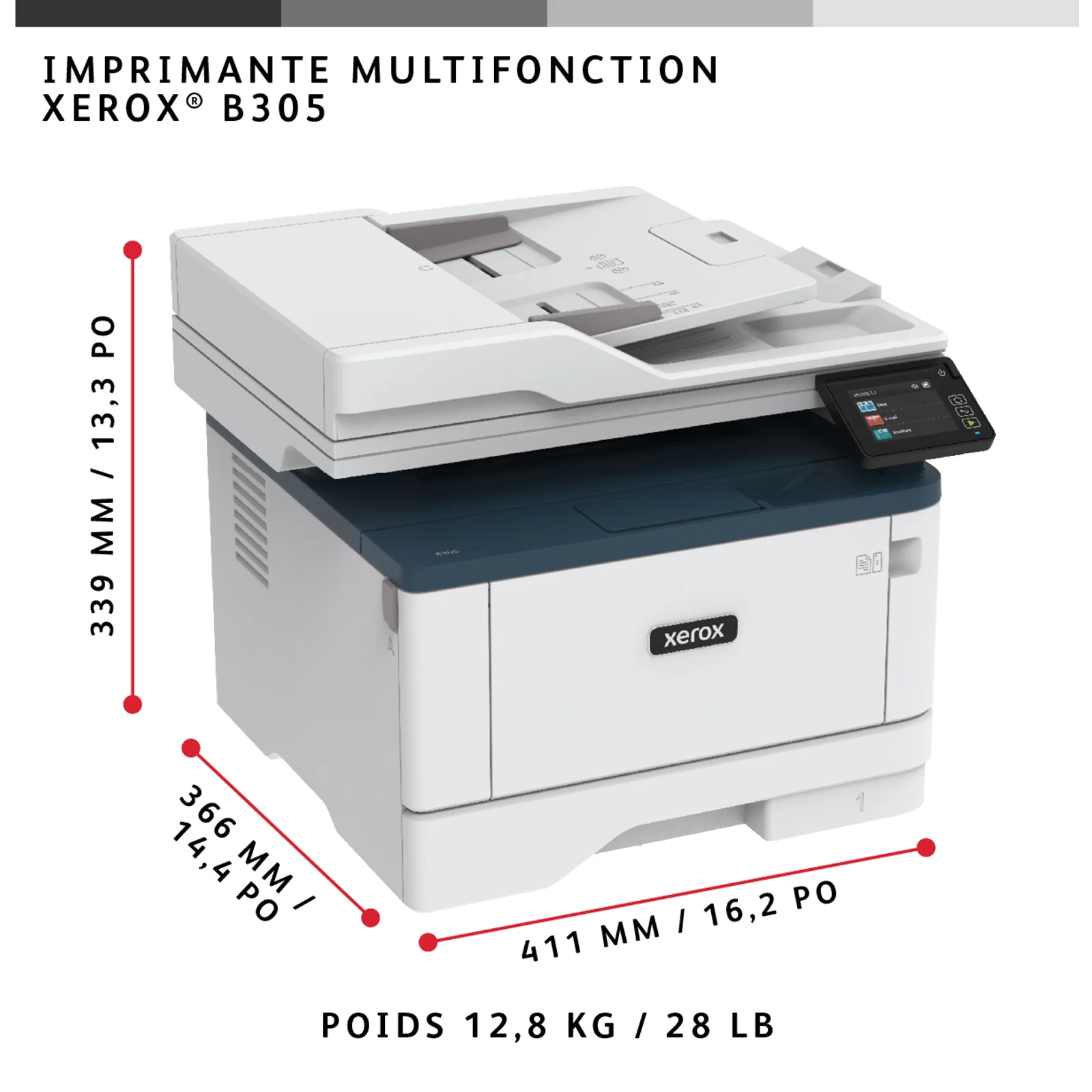 Xerox B305 copie/impression/numérisation recto verso sans fil A4, 38 ppm, PS3 PCL5e/6, 2 magasins, 350 feuilles