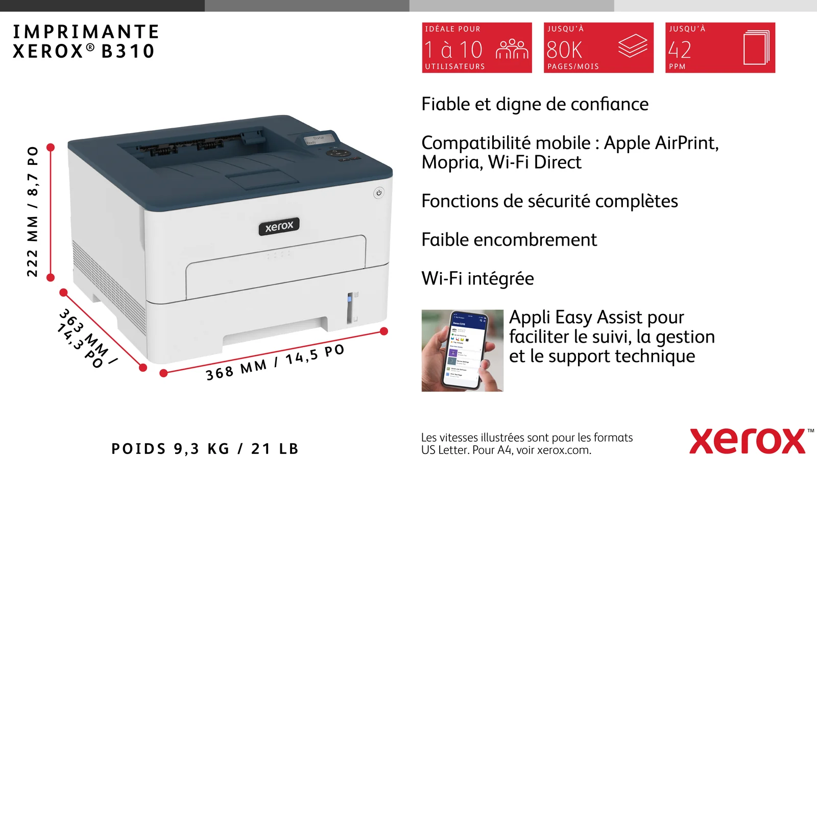 Xerox B310 Imprimante recto verso sans fil A4 40 ppm, PS3 PCL5e/6, 2 magasins Total 350 feuilles