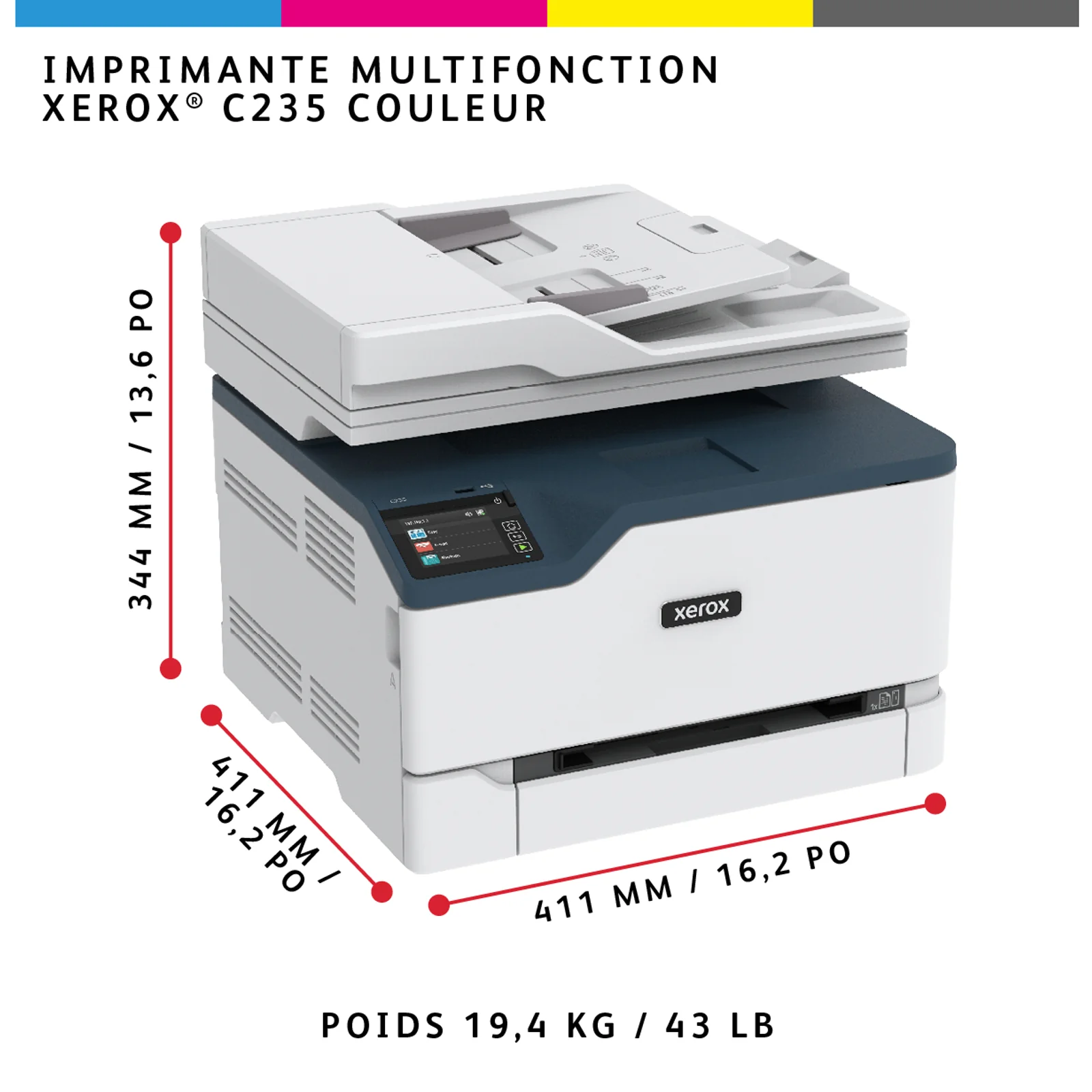 Xerox C235 copie/impression/numérisation/télécopie sans fil A4, 22 ppm, PS3 PCL5e/6, chargeur automatique de documents, 2 magasins, total 251 feuilles
